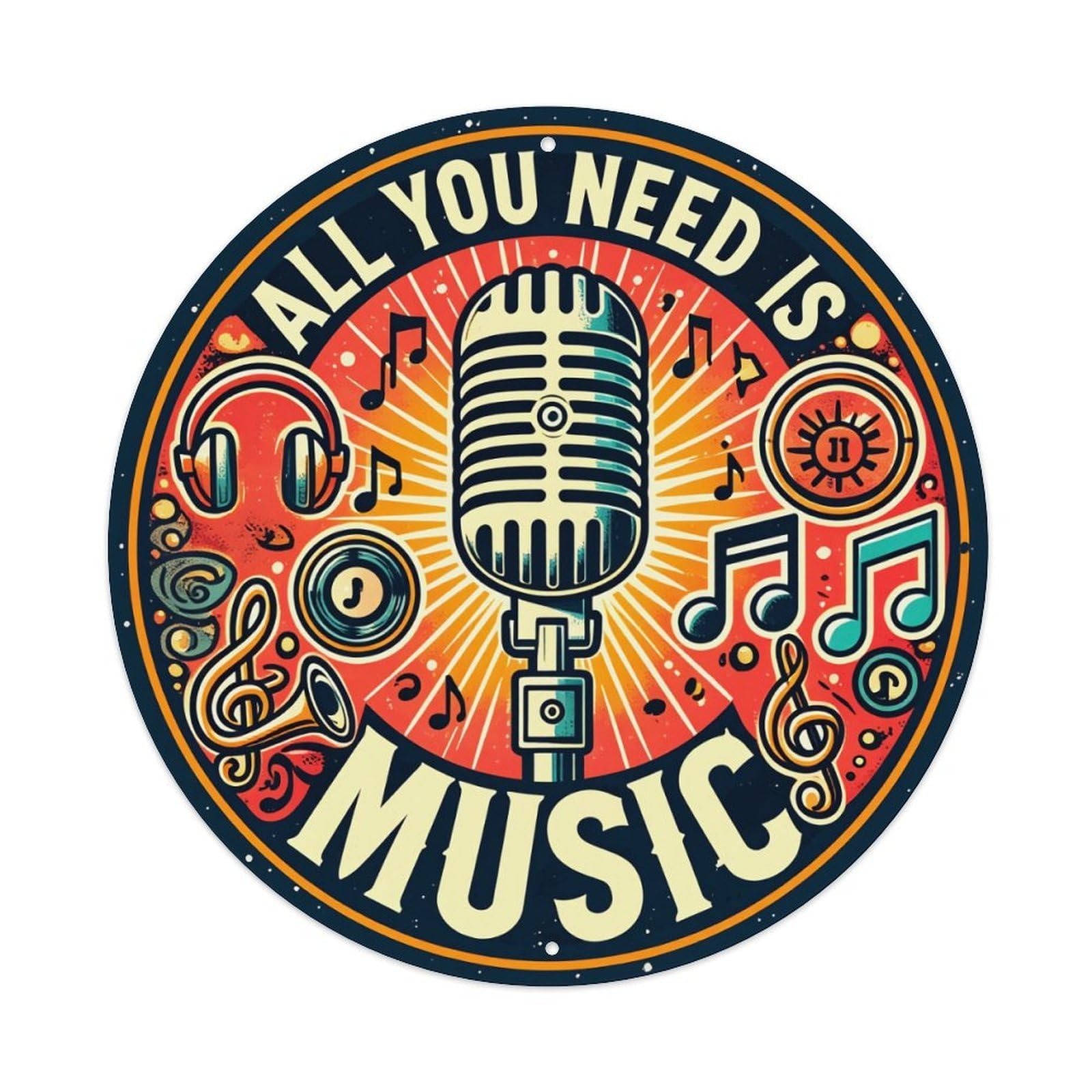 Music Microphone Headphones Notes Sun Round Tin Sign Vintage Metal Poster, Home Bar Garage Man Cave Cafe Indoor & Outdoor Wall Decoration 8x8Inches