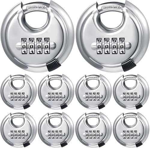 Paquete de 10 cerraduras combinadas de 4 dígitos de acero inoxidable con grillete de acero endurecido para cobertizos, casillero, unidad de