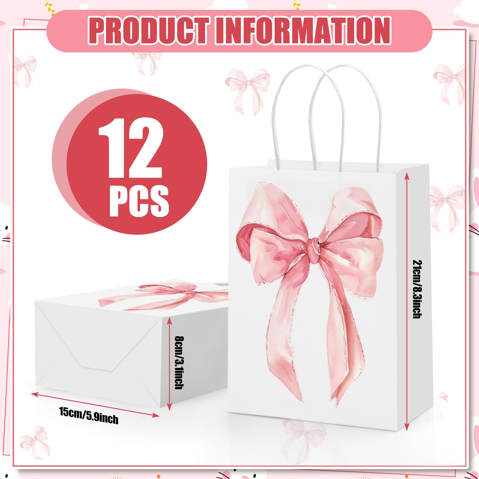 Draupnir 12PCS Coquette Pink Bow Paper Gift Bags, Party Favor Bags, Pink Goodie Bags for Birthday&Bachelorette Party Decoration Coquette Bow Gift Pouches with Handles 8.3x5.9x3.1 Inch