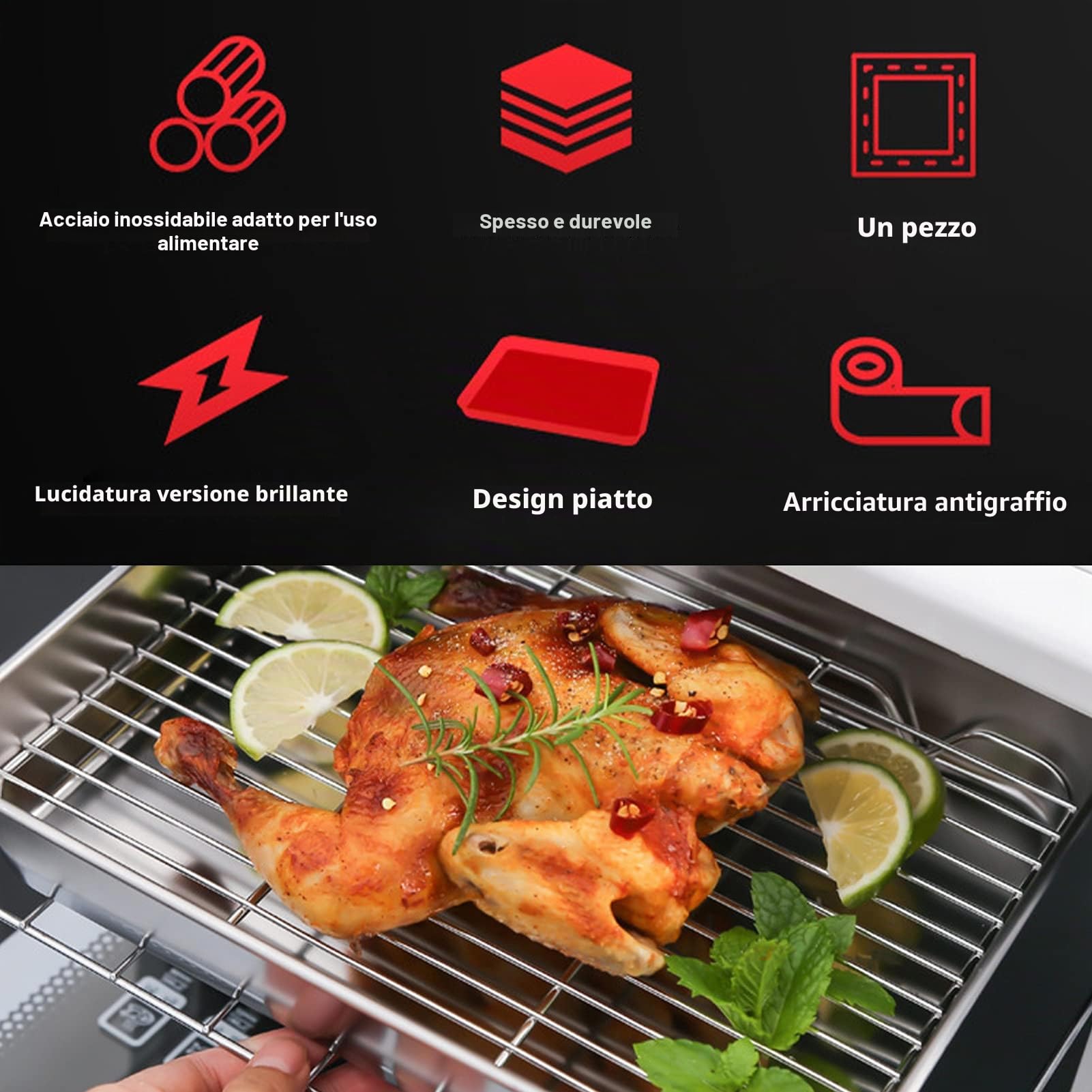 Teglia rettangolare con griglia, padella antiaderente in acciaio inox e set di griglia per cucinare(26.5x20.5x5 CM)