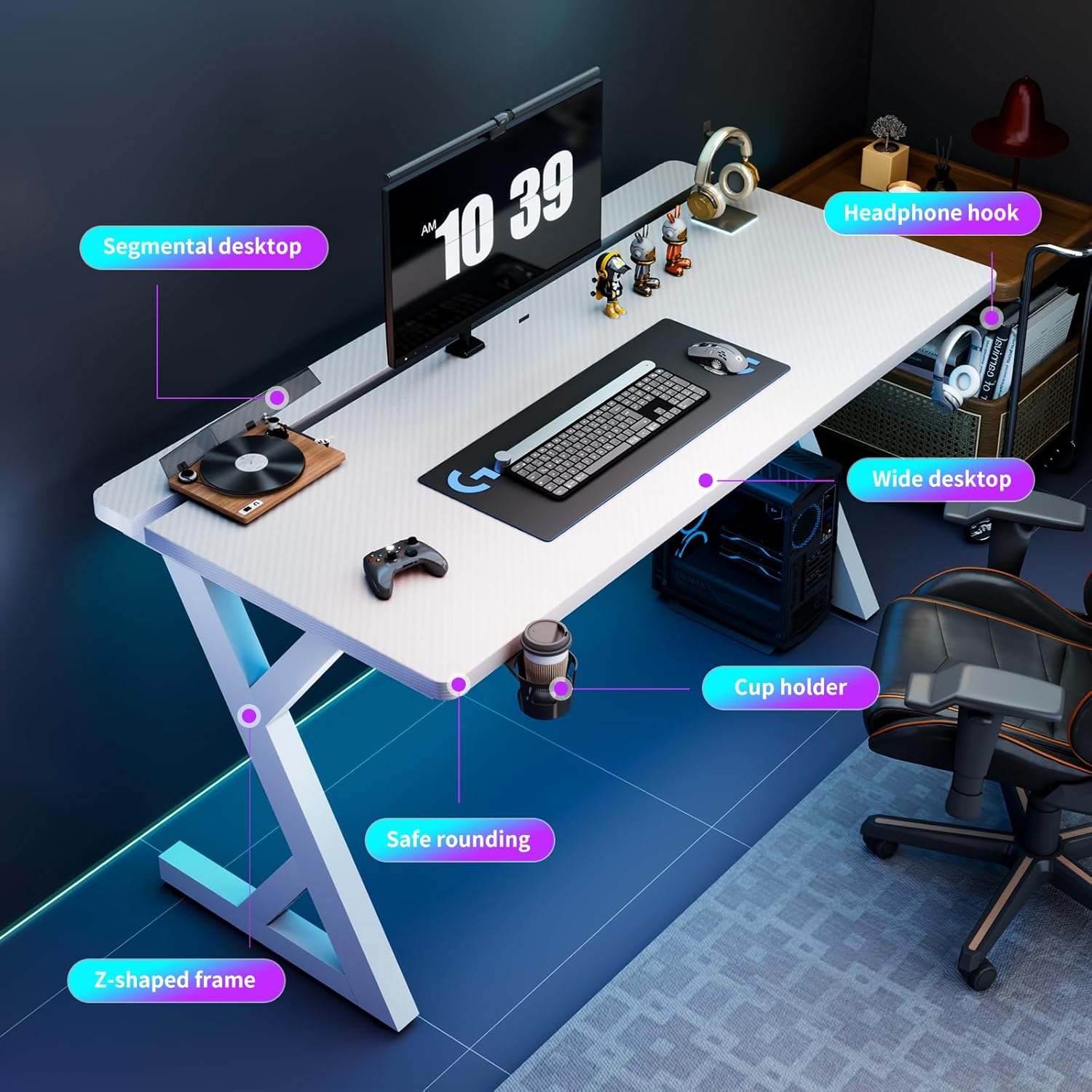 Gaming Desk Z-Frame, Carbon Fiber Pattern Computer Table for Home Office, White Metal Frame with Cup Holder, Large Surface for Gaming Setup (White, 47.24")