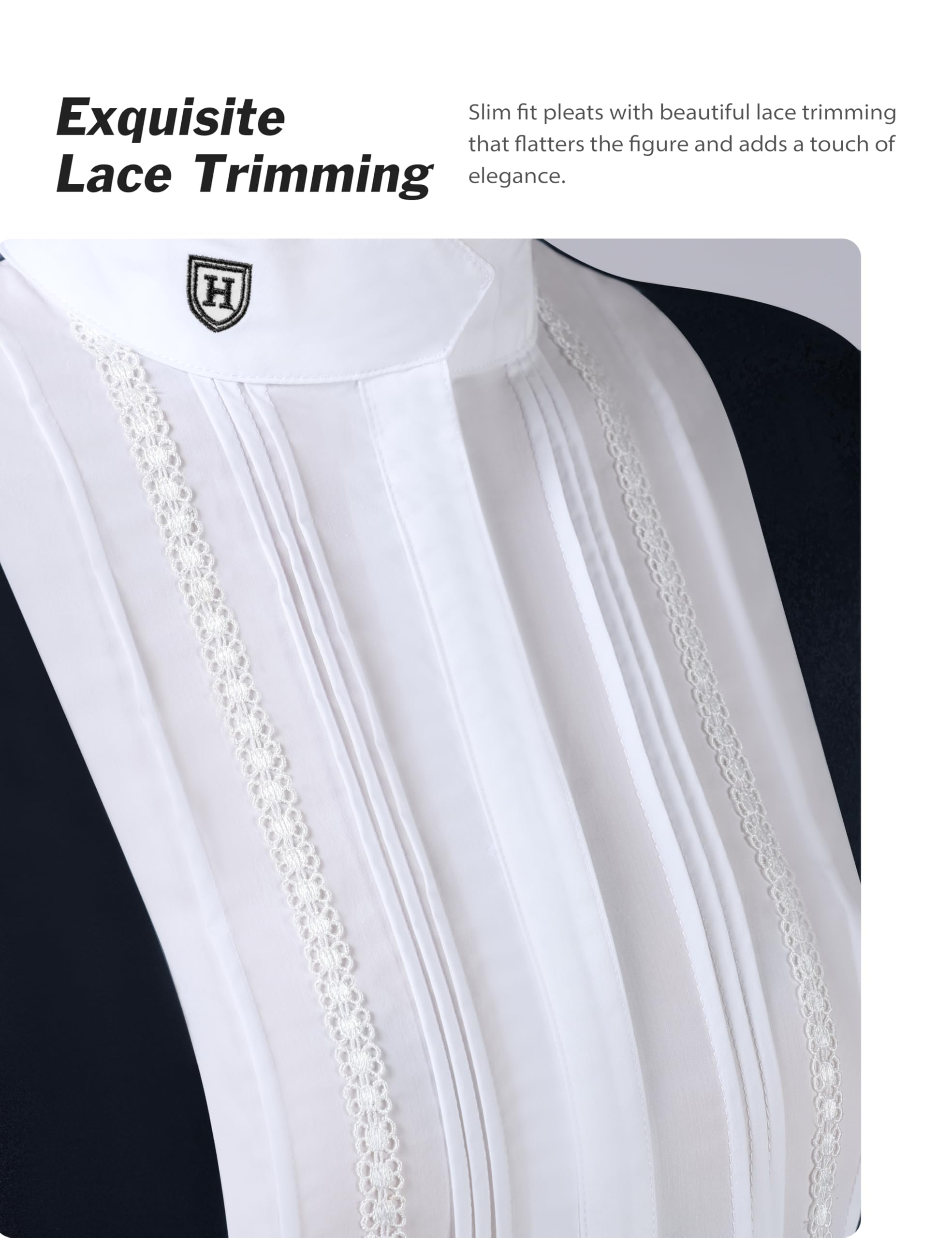 Harrison Howard Camicia a maniche lunghe con bretelle plissettate per equitazione, con bordi in pizzo