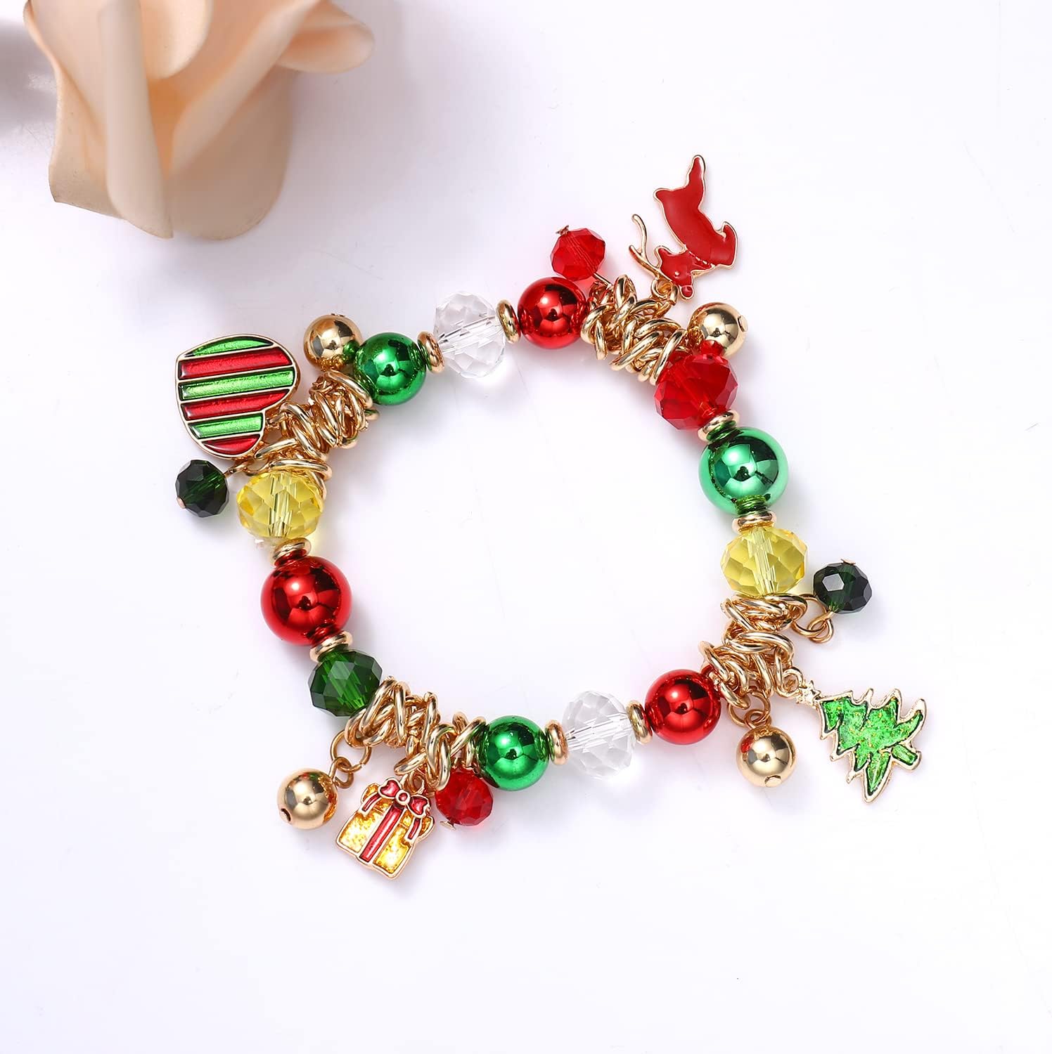 Christmas Beaded Bracelet Christmas Jingle Bell Bracelets Xmas Tree Candy Cane Santa Claus Reindeer Snowman Charm Bracelets Multi Color Stretch Stack Bracelet Set Holiday Jewelry Gift for Women - Image 4