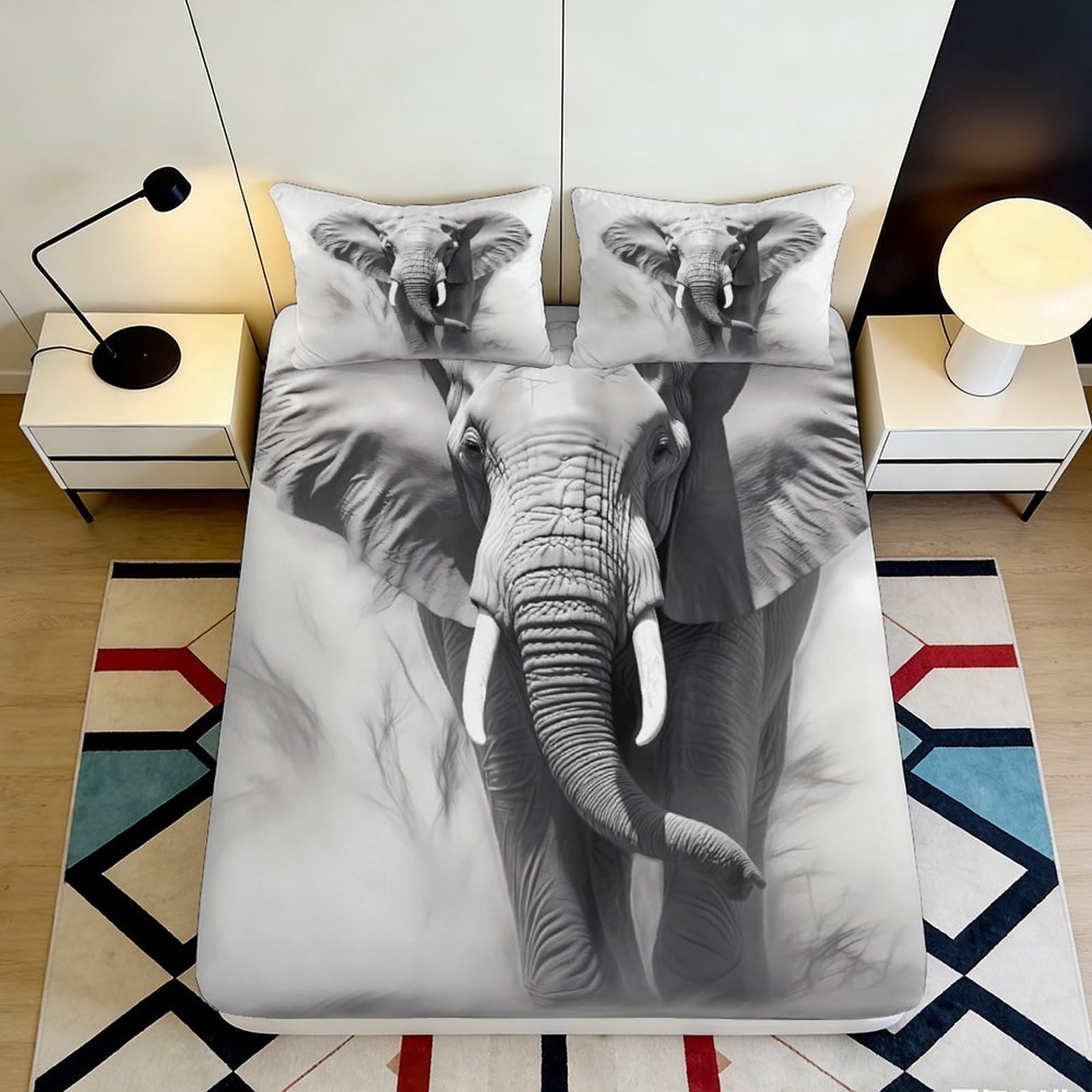 3D Printed Elephant Safari Fitted Sheet Microfiber Soft Grey Animal Wildlife Mattress Cover Bedroom Decor 90x200x25cm