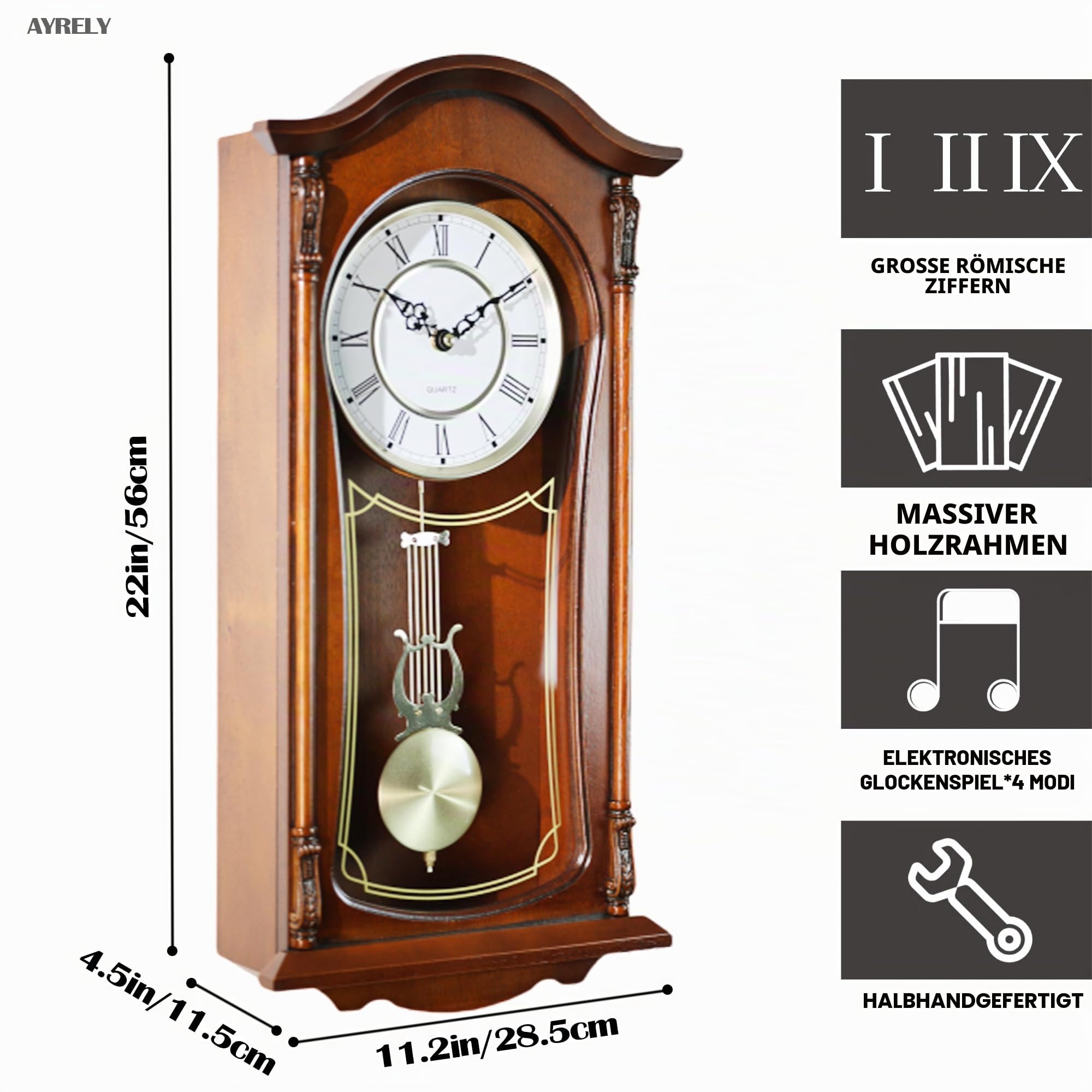 AYRELY® Vintage Standuhr 56 cm mit Pendel und Mahagoniholzrahmen – Klassische Wanduhr mit Stunden- und Viertelstundenschlag für Wohnzimmer & stilvolles Home-Dekor
