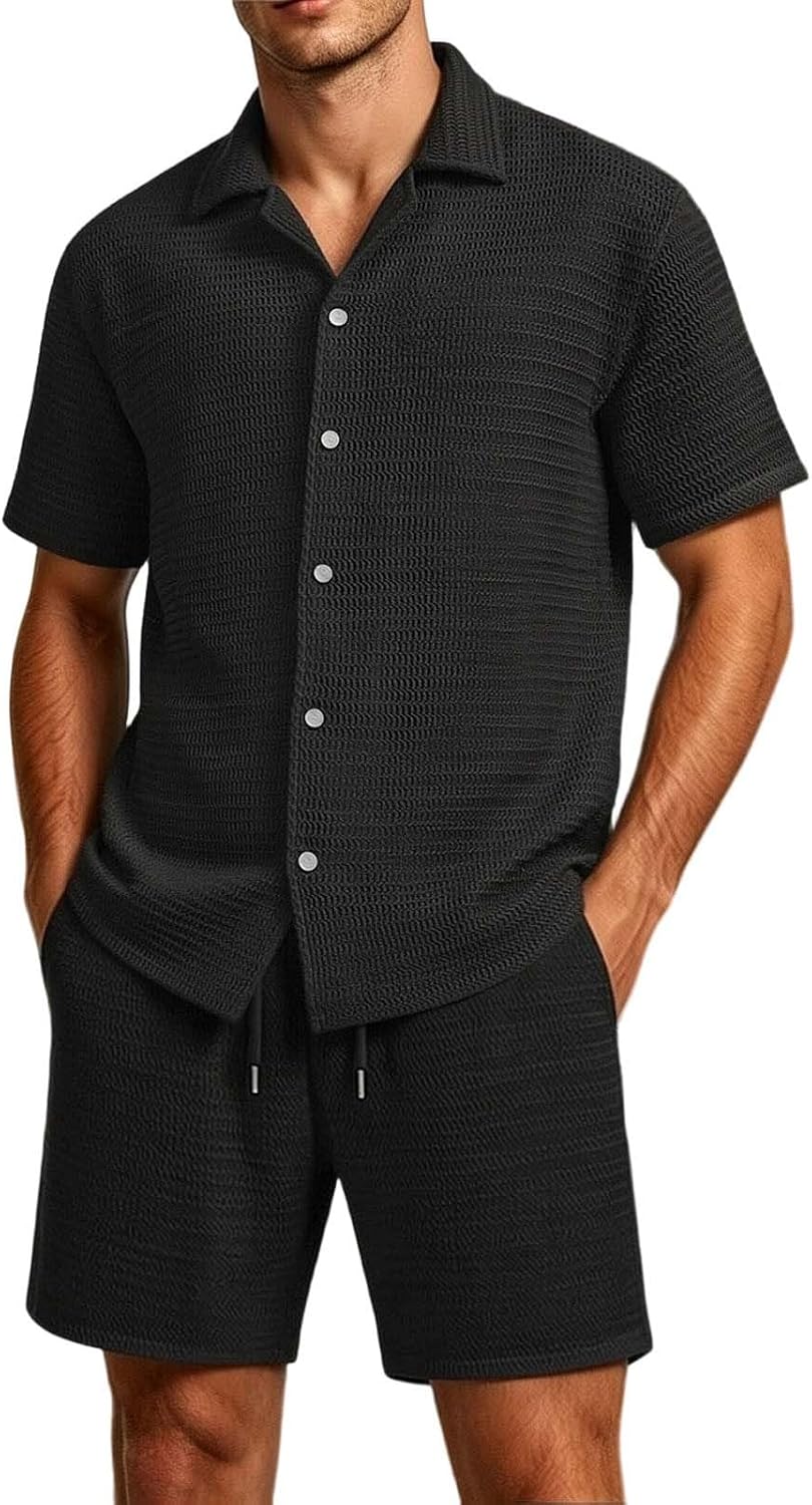 Mens Shirts and Drawstring Shorts Beach Outfits 2 Piece Set | Men's Button Down Lightweight Lounge Tracksuit Loose Vacation Sweatsuits Outgoing Hawaiian Two Piece Sets