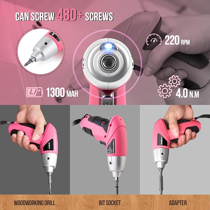 Destornillador Eléctrico Hi-Spec 3.6V Rosa 65 Piezas Kit Herramientas miniatura 4