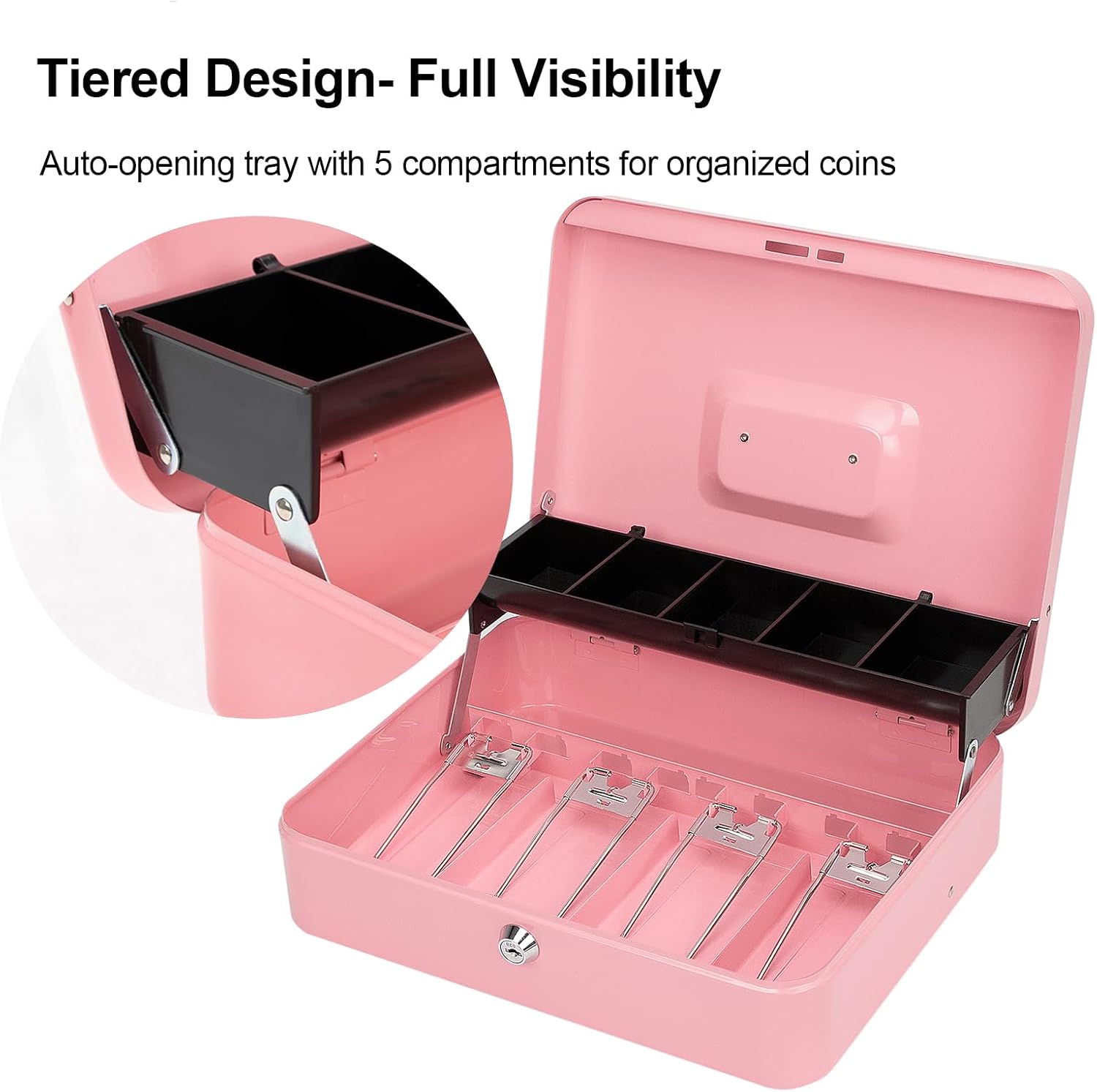 Jssmst Cash Box with Money Tray and Lock - Pink Cash Box with Key Lock Safe Money Box Large, Locking Register Drawer for Money, 11.8'' x 9.5'' x 3.5'', SM-CB005PK