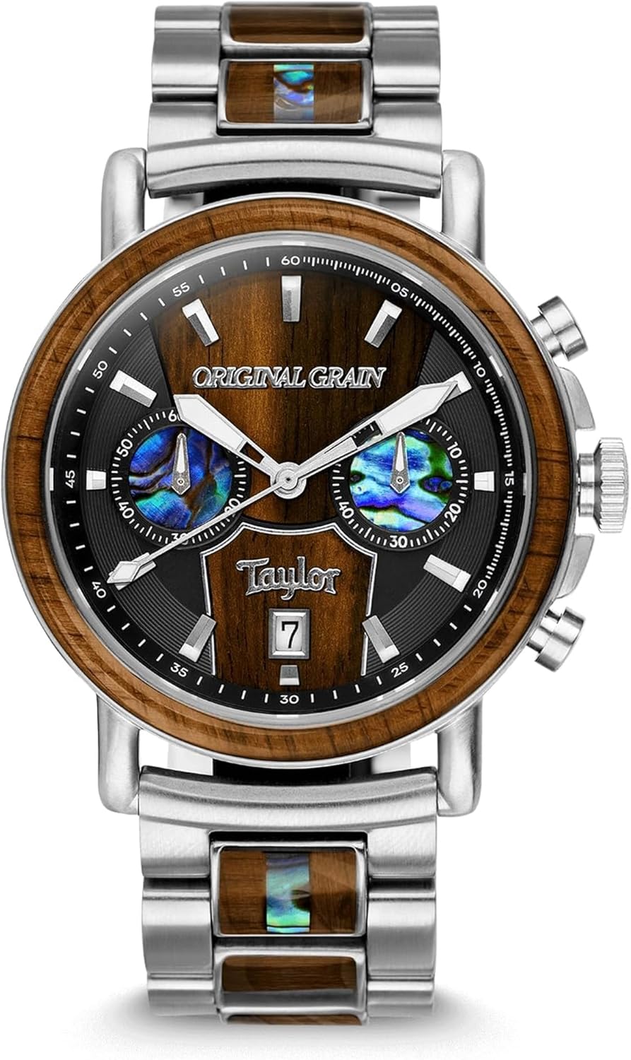 Original Grain Limited Edition Ebony Taylor Guitar Chronograph 44mm Men’s Watch - Stainless Steel & Ebony Wood, Sapphire Crystal, Water Resistant 10ATM - Luxury Dress & Casual Wrist Watch for Men