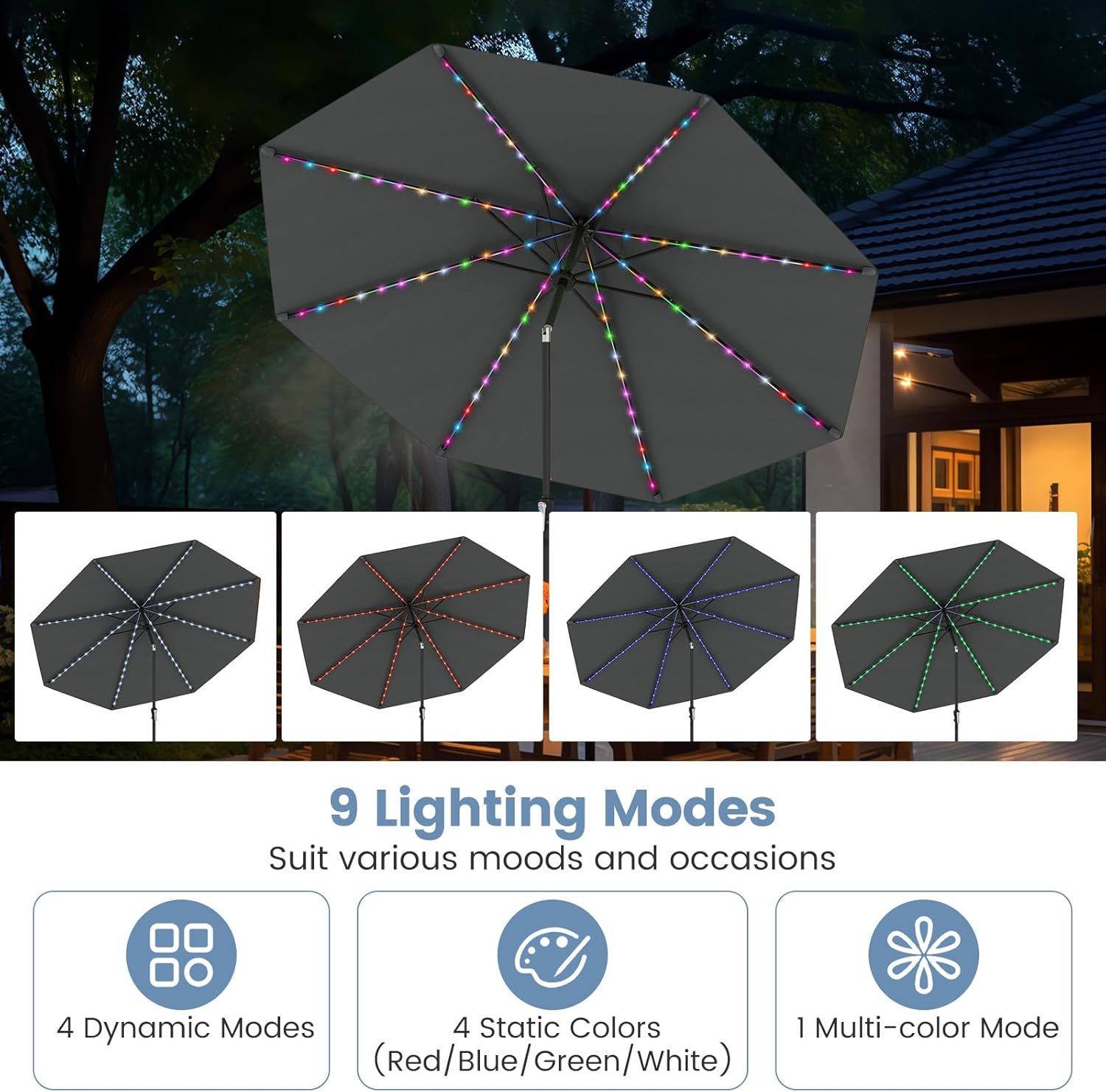 Tangkula 10 FT Solar Patio Umbrella, Outdoor Market Table Umbrella with 96 Multi-Colored Flowing LED Lights, 9 Modes, Tilt Adjustment, Crank Handle, 8 Ribs, Vented Top for Backyard Poolside Deck Lawn