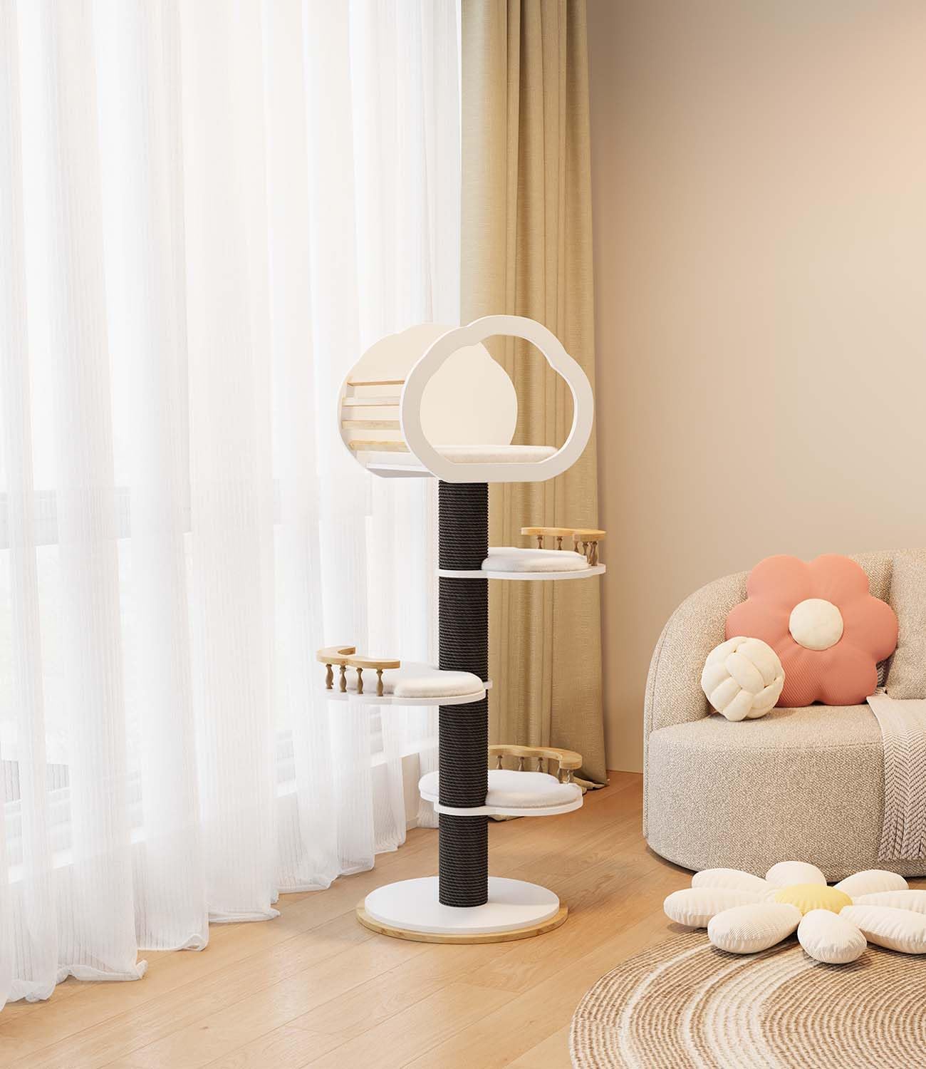 54" Tall Modern Cat Tree Tower Scratching Posts for Large Cats, Natural Solid Wooden Cat Condo Tower for Indoor Cats, Luxury Cat House Furniture with Big Bed (Black)