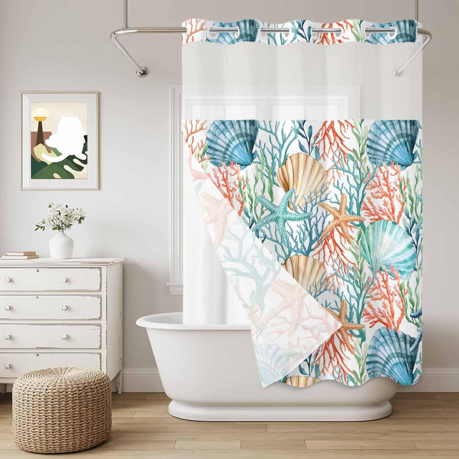No Hook Shower Curtains with Snap in Liner, Coastal Waterproof Fabric Shower Curtain, Nautical Summer Beach Coral Starfish Shell Double Layers & See-Through Top Window Bathroom Curtains 60''x72''