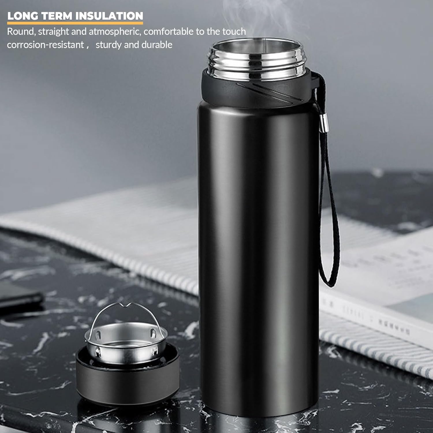 Insulated Water Bottles 24oz 32 oz 40oz Coffee Tea Infuser Bottle Thermal Cup Double Walled Vacuum Insulated Stainless Steel Flask Leak Proof Travel Mug Keep Warm (black, 60oz)