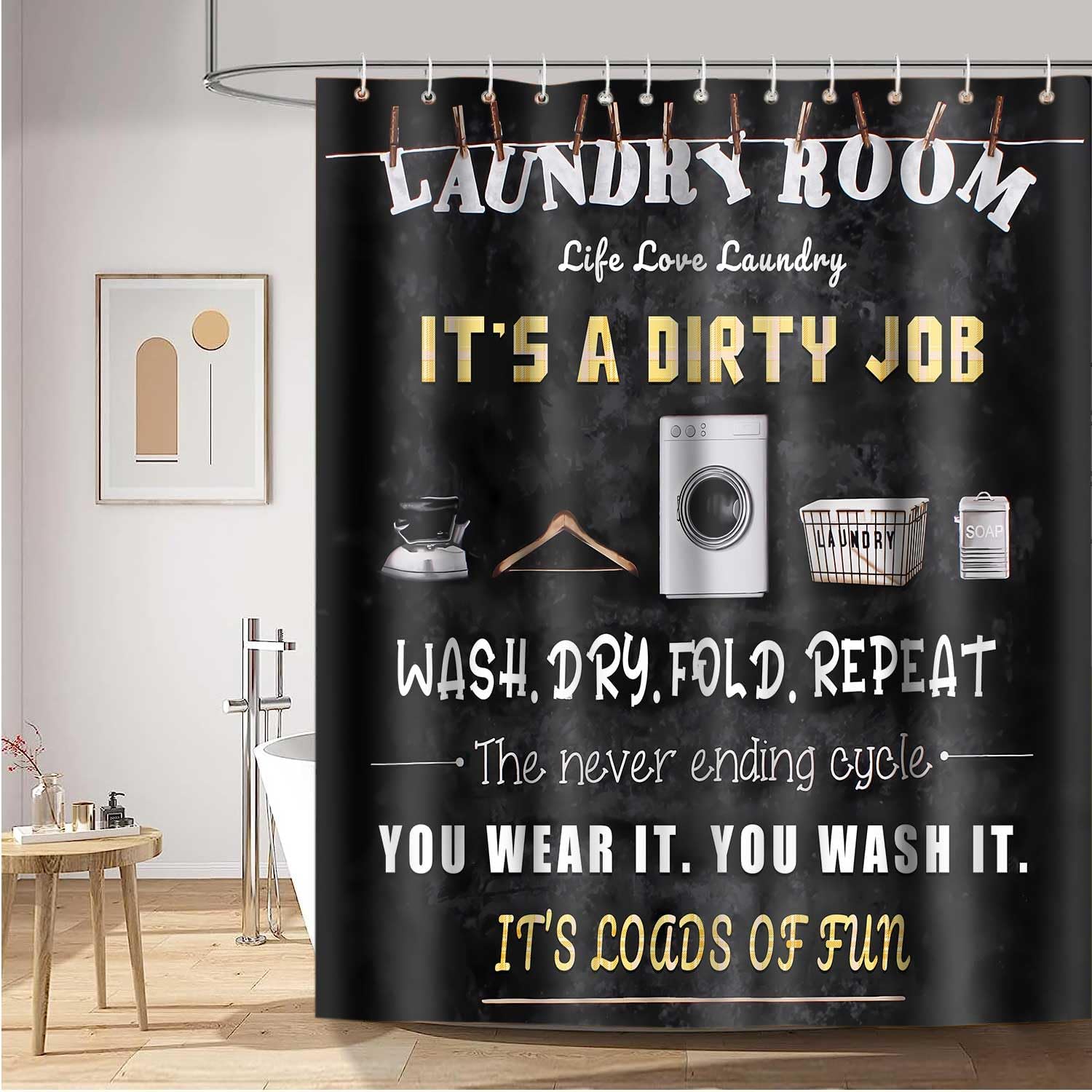 Laundry Room Shower Curtain, 60x72 inch Polyester, Laundry Wash Dry Fold Repeat Shower Curtain Sets, Life Inspirational Bathroom Bathtubs Decor Set with 10 Hooks YLOKTP0381