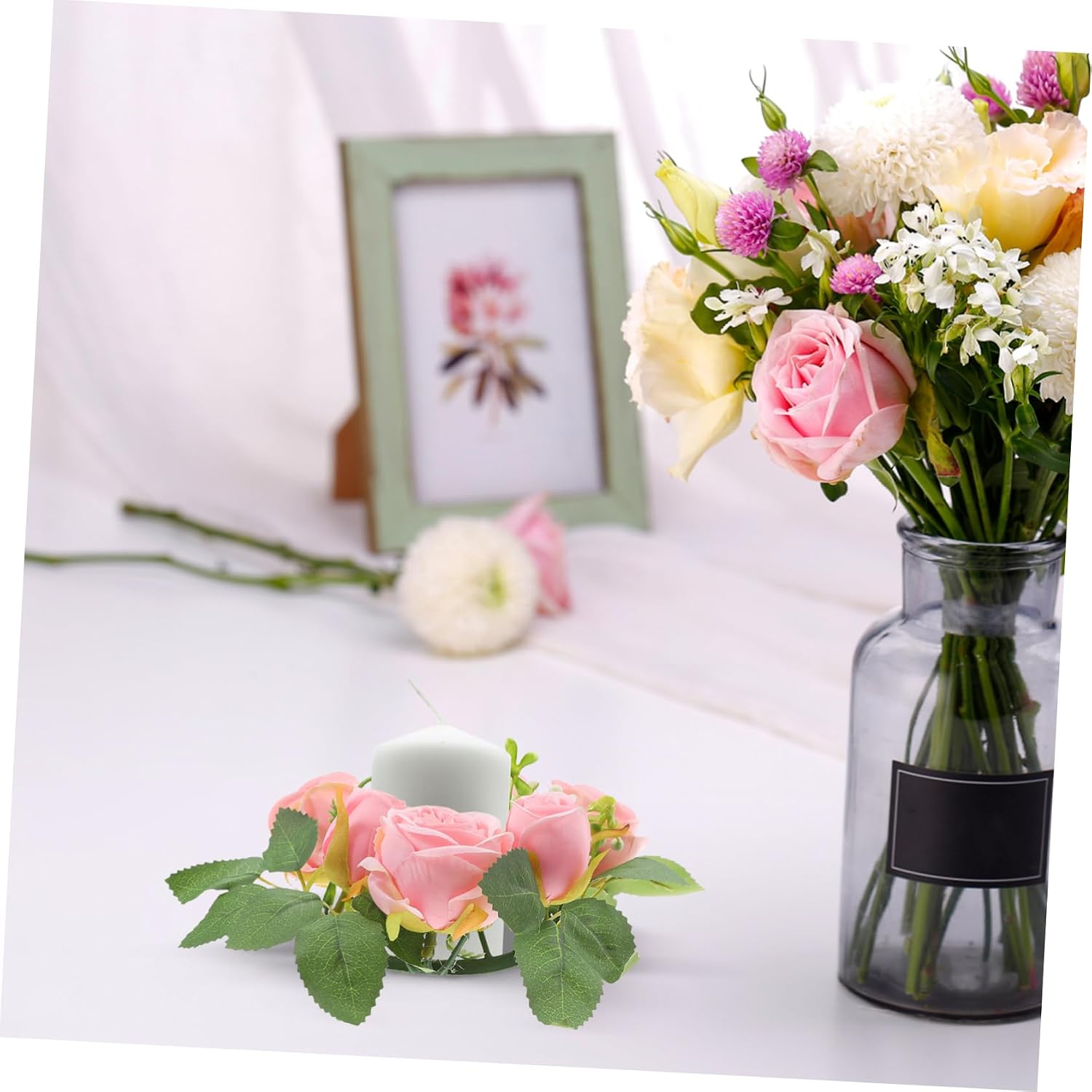 Cabilock Artificial Flower Wreath Candle Faux Centerpiece for Table Decorations for Weddings Romantic Dinners and Home Decor
