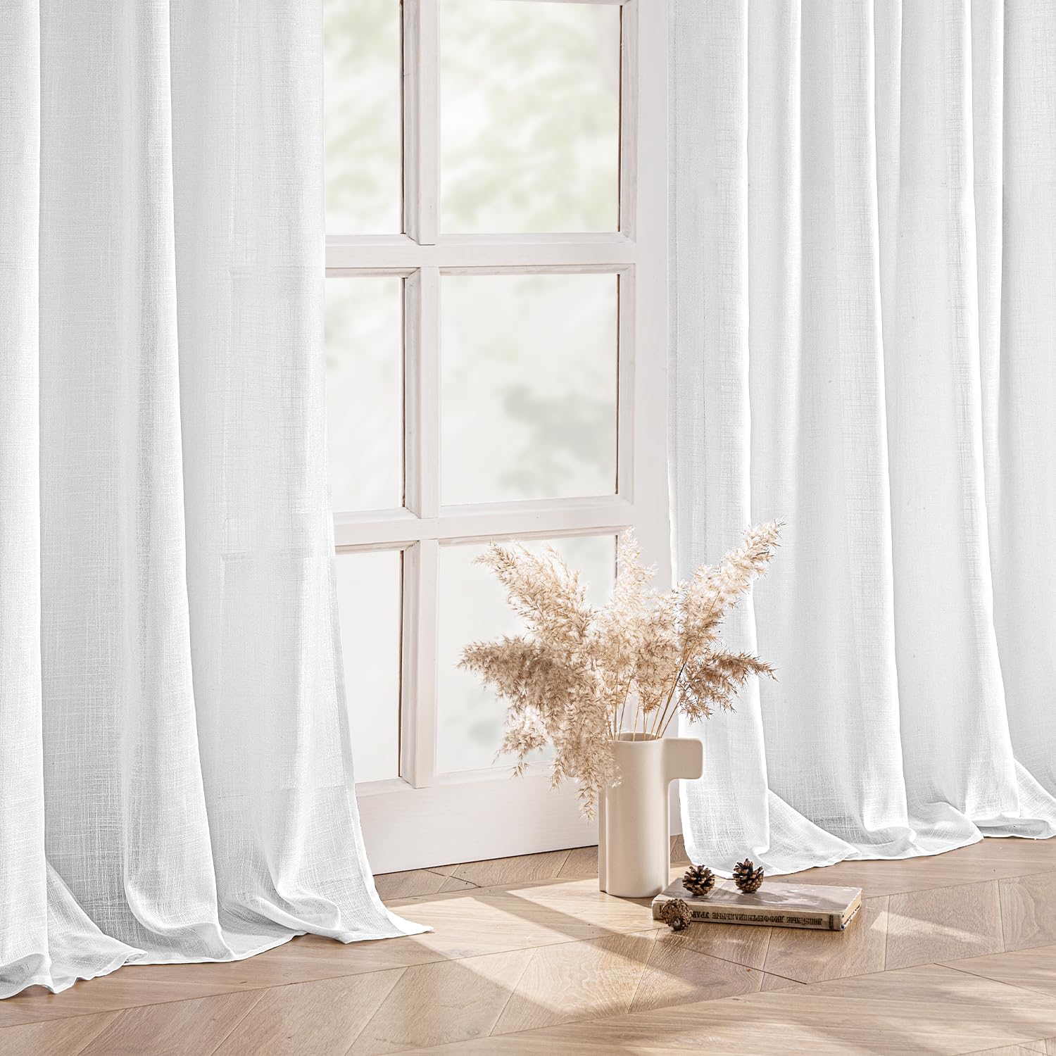 Tende Di Lino Naturali Per Finestre - Set 2 Pezzi Traslucidi 140x260 Cm Per Soggiorno E Camera Da Letto - Foto 4