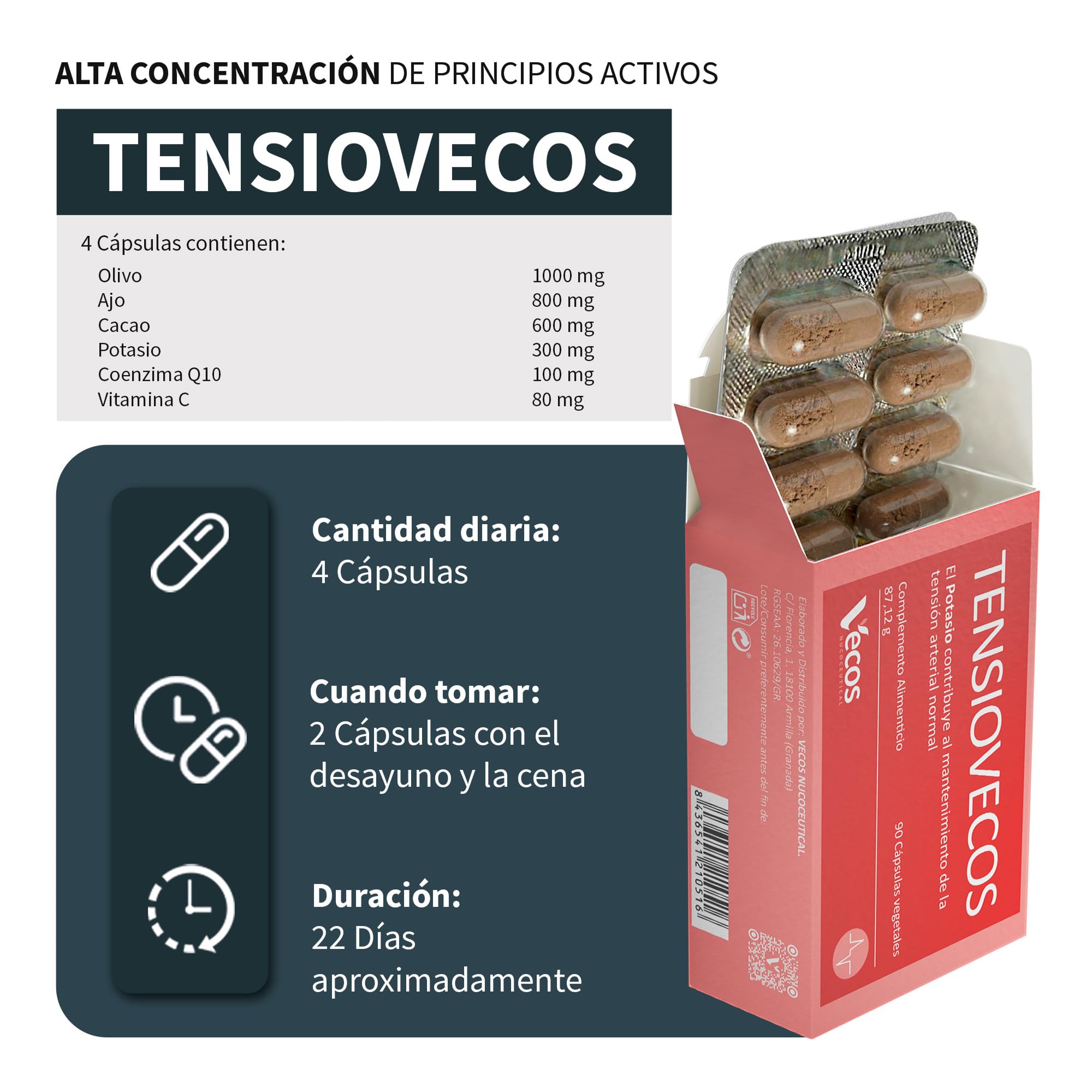 Ajo Fresco y Coenzima Q10 para Cuidar tu Salud Cardiovascular - Tensiovecos - 90 Cápsulas - Contribuye al Mantenimiento de la Tensión Arterial Normal - Propiedades Antioxidantes
