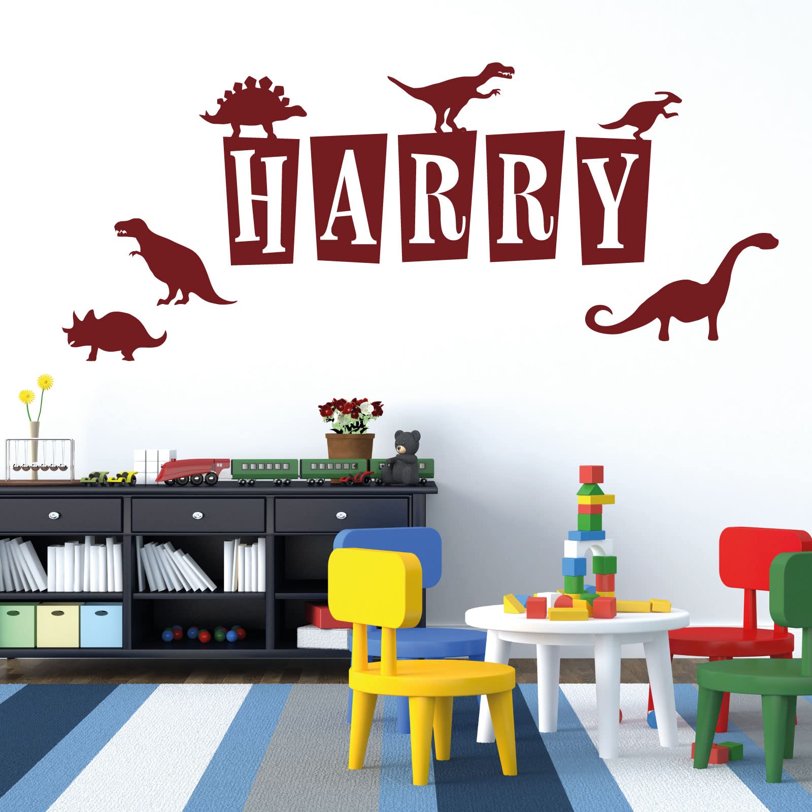 Personalised Name - Dinosaurs, T-Rex, Apatosaurus, Jurassic Era - Children's Bedroom Vinyl Wall Decal Sticker [Medium] [Burgundy]