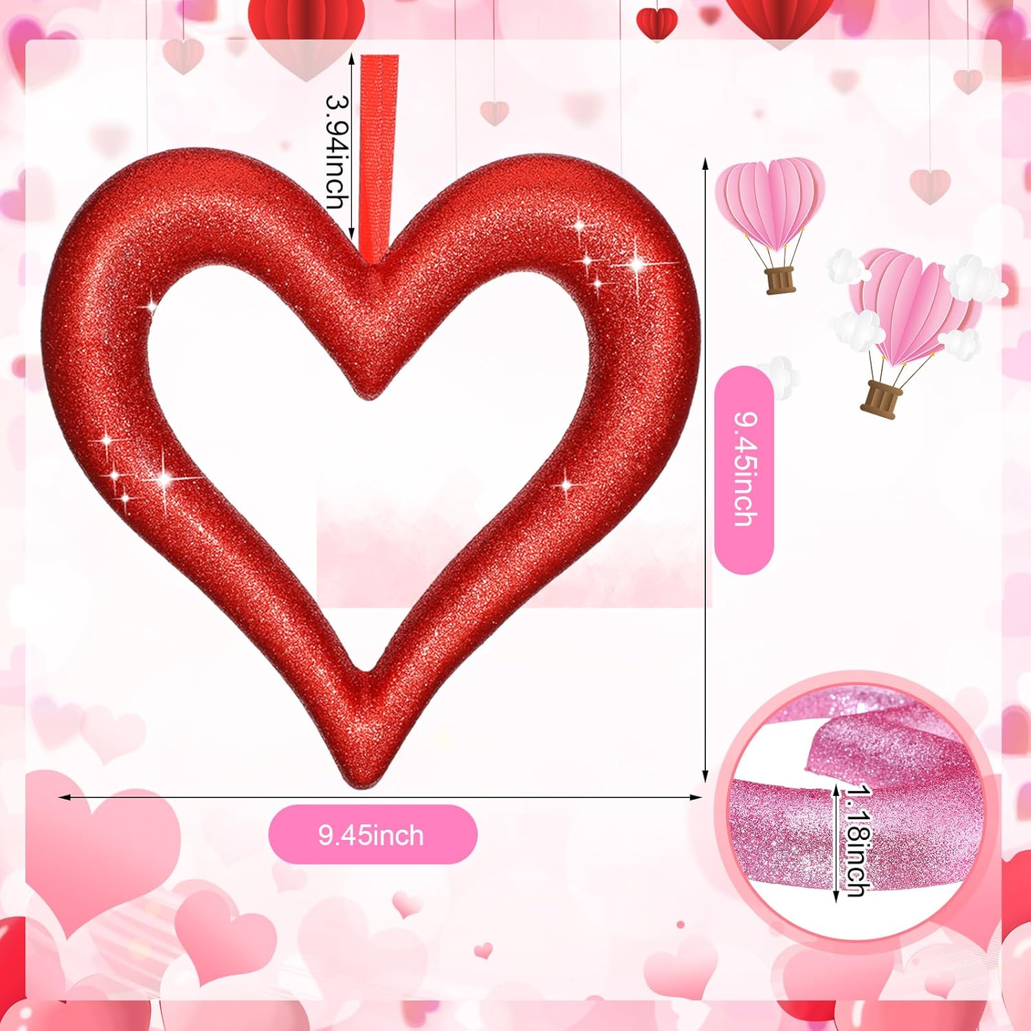 6 Pcs Large Heart Ornaments for Valentines 10'' 3D Glitter Heart Hanging Ornament for Tree Wreath Door Home Window Valentine's Day Wedding Holiday Decor(Red and Pink,Fine Glitter)