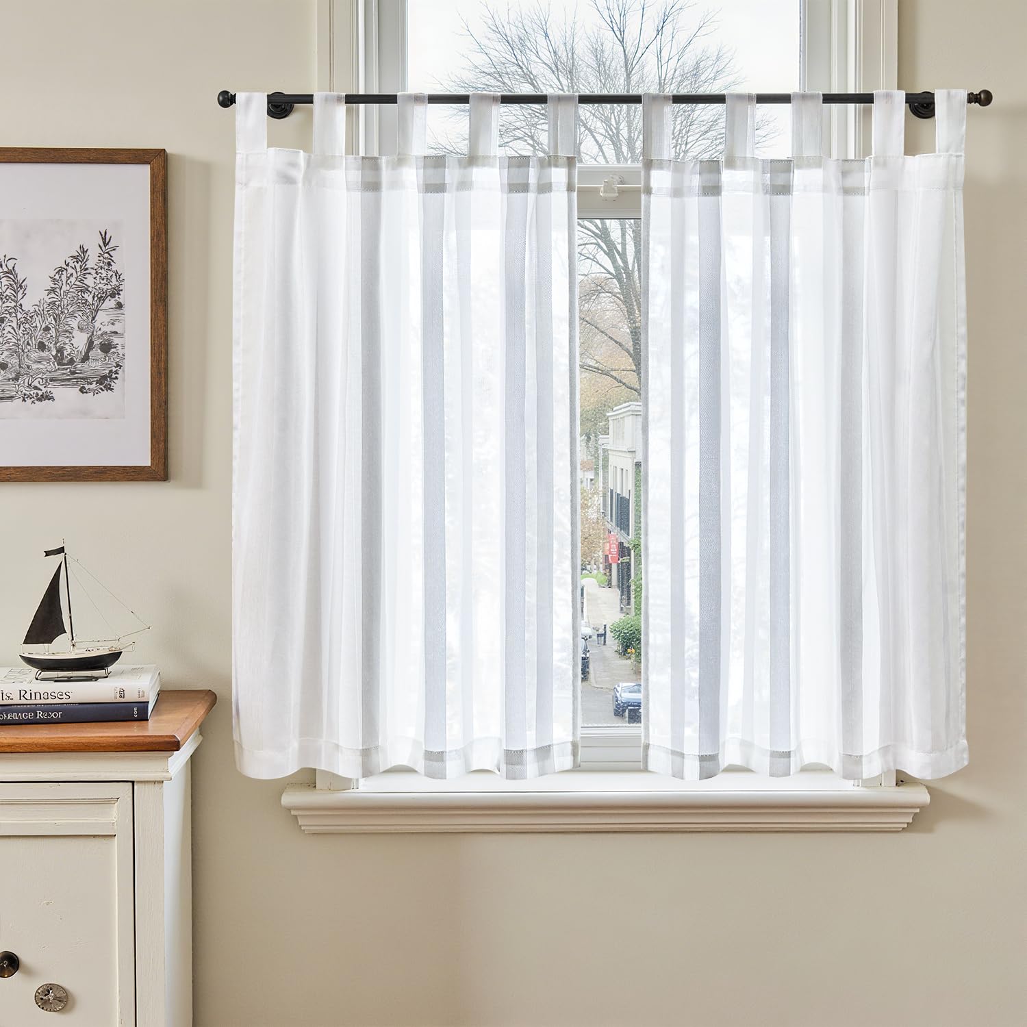 TOPICK Sheer Scheibengardinen mit Tunnelzug Transparent Bistrogadine Landhaus Streifen Voile Küchenvorhang Gestreift Küchengardinen Paarig für Badezimmer
