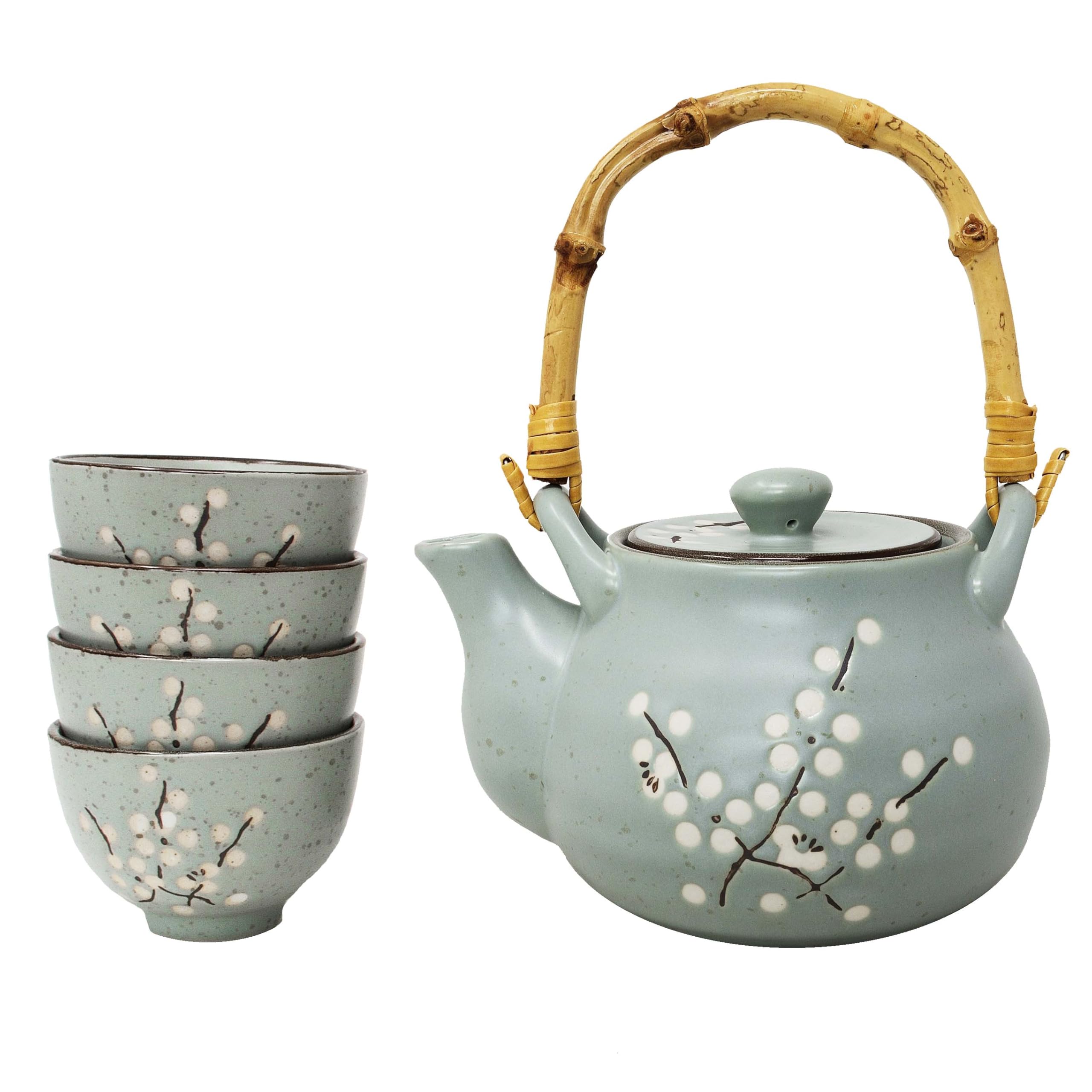MystiCalls Japanisches Tee Set mit Kirschblüte für 4 Personen, 1 Teekanne inklusive Teesieb 4 Tassen, Geschenkset, Teezeremonie, Japanisches Geschirr