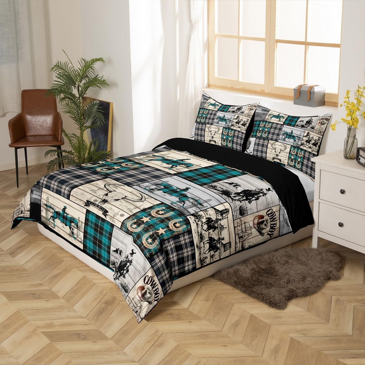 Erosebridal Western Comforter Cover Full Boho Western Bedding Set Cowboy Duvet Cover Bull Horse Cow Print Bedspread Cover Country Farmhouse Buffalo Plaid Check Decor Turquoise 2 Pillow Cases
