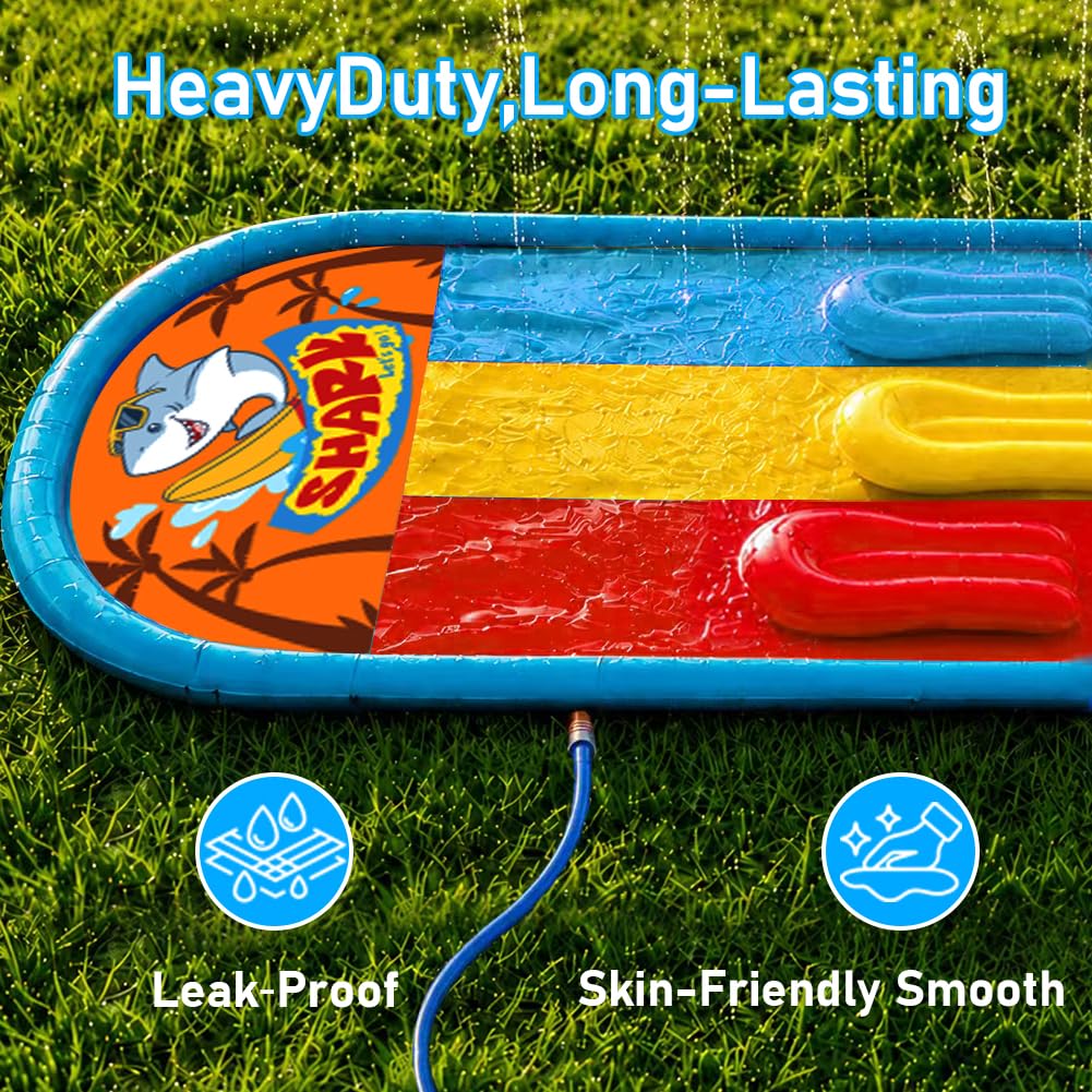 Dreifache Wasserrutsche mit 3 aufblasbaren Bodyboards, Rasenrutsche mit integriertem Sprinkler, Hinterhof, Outdoor, Sommer, Wasserspielzeug für Kinder und Erwachsene, 6 m