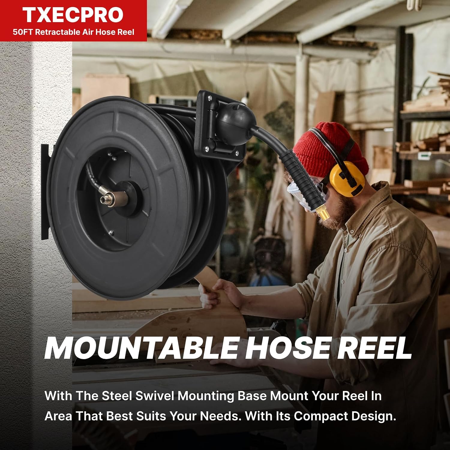 Retractable Air Hose Reel, 3/8 IN x50FT Hybrid Air Hose,Max 300 PSI, Air Compressor Hose Reel with 5 ft Lead in, Ceiling/Wall Mounted,Heavy Duty Air Tool