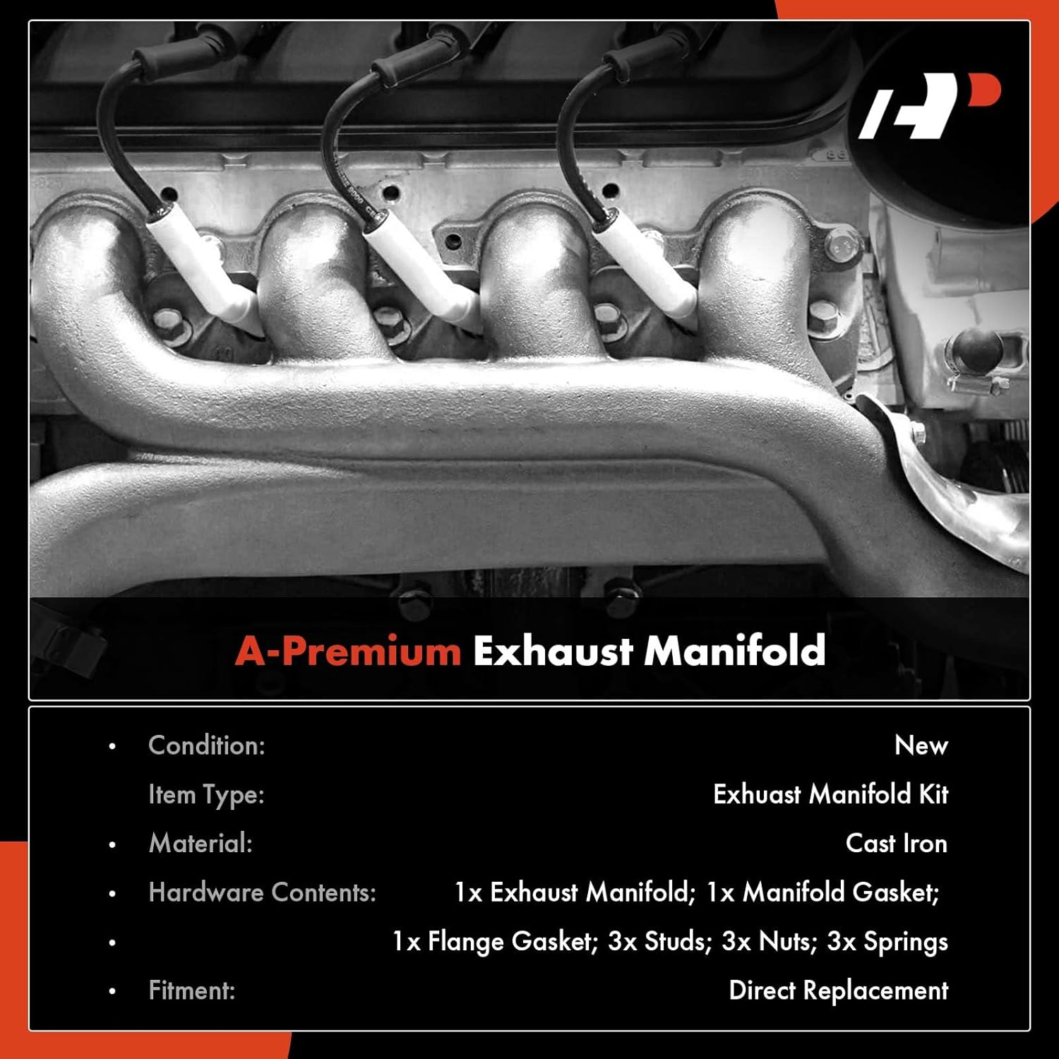 A-Premium Right Exhaust Manifold Kit W/Gasket, Studs, Nuts, Springs, Washers [5.0L 5.7L] Compatible with Chevy & GMC - C1500 C2500 C3500 K1500 K2500 K3500, Tahoe, Suburban, Blazer, Yukon, G10, G20