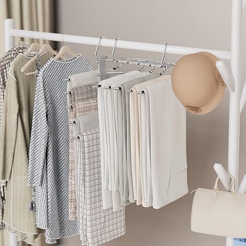 Miniatura 7 de Loretoy Paquete de 4 perchas para pantalones que ahorran espacio, estante multifuncional antideslizante para pantalones, tubo de acero inoxidable