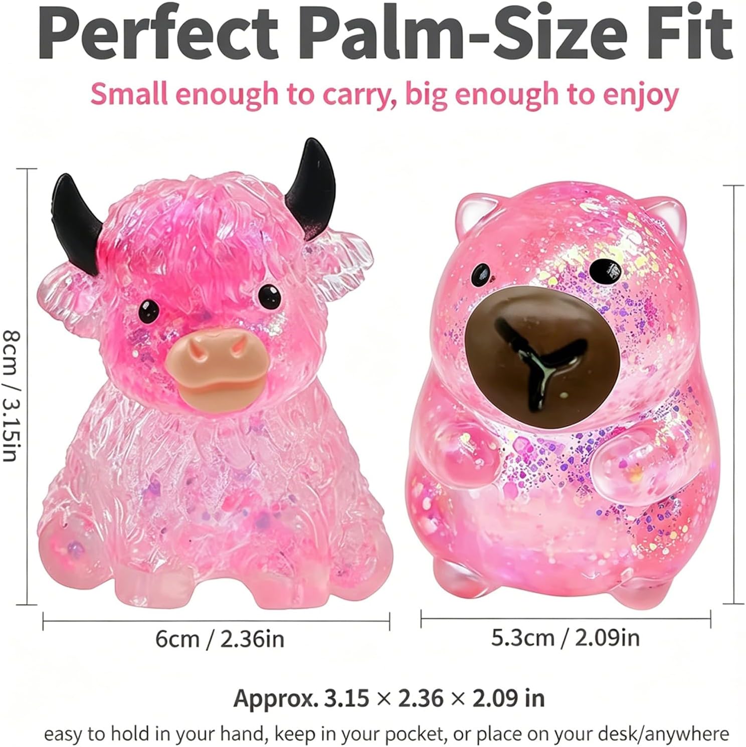 Glitter Highland Cow & Capybara Squishy, Squishies Fidget Toy, Soft Slow Rising Stress Relief Ball, Cute Sensory Squeeze Toy, Anxiety Relief Desk Decor for Adults Kids Cow & Capybara Lovers(4PCS Mix)