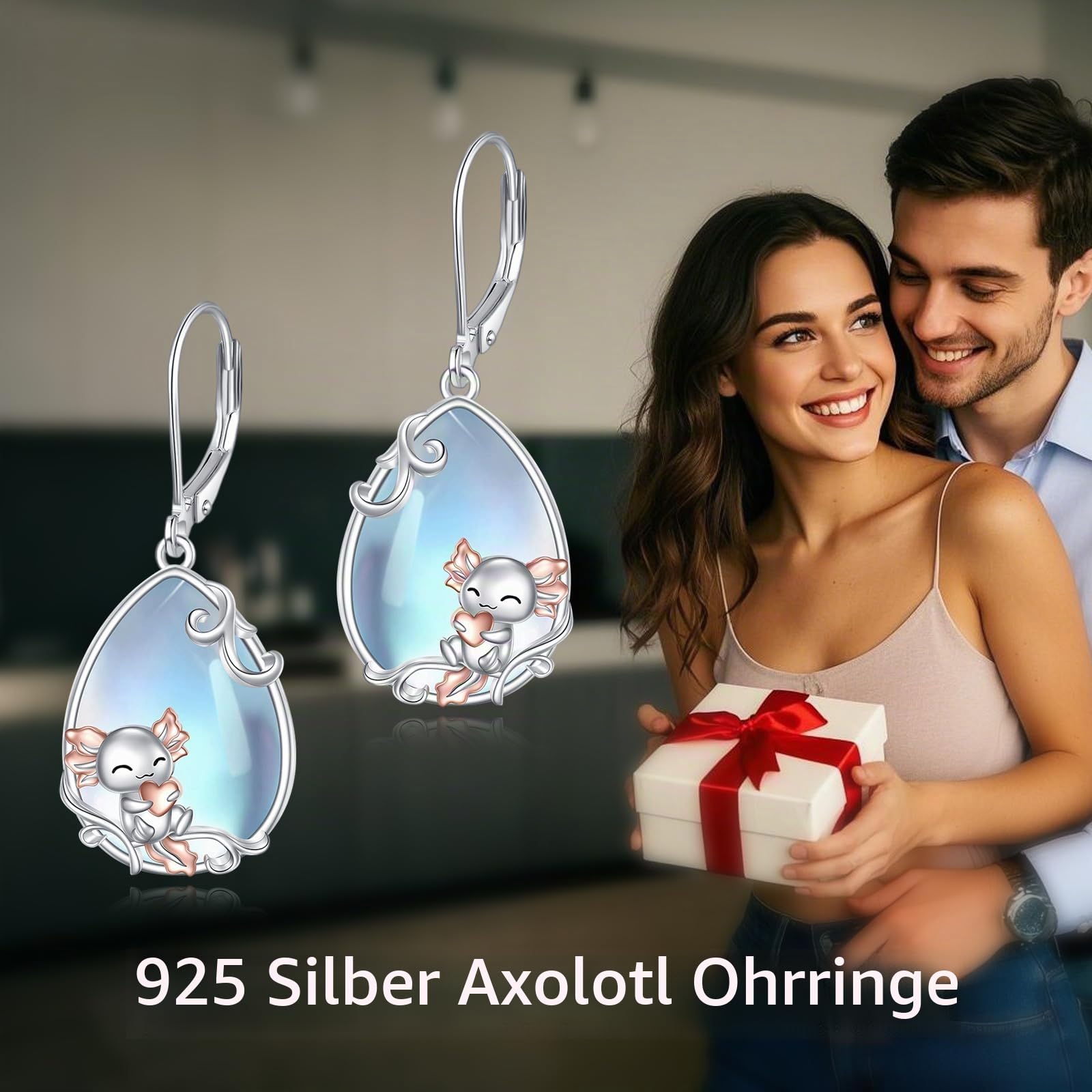 Katze/Kolibri/Fuchs/Axolotl Ohrringe für Damen 925 Sterling Silber Mondstein Baumeln Ohrringe Tier Tropfen Ohrring Schmuck Geschenke für Mädchen