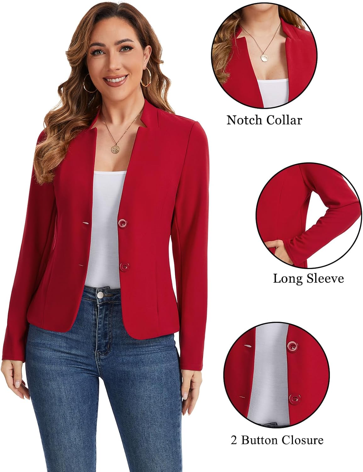 Womens Casual Blazers Two Button Suit Notched Collar Jacket Work Office Long Sleeve Blazer with Pockets,M,Red - Image 6