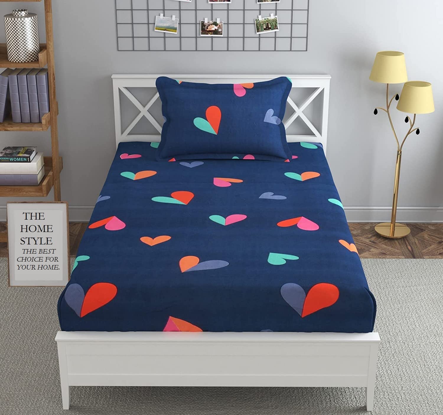 THE HOME STYLE Cotton Feel Glace Cotton Elastic Fitted All Around Printed Full Length Single Bed Bedsheet With 1 Pillow Cover(36"X78",Blue Heart),300 TC
