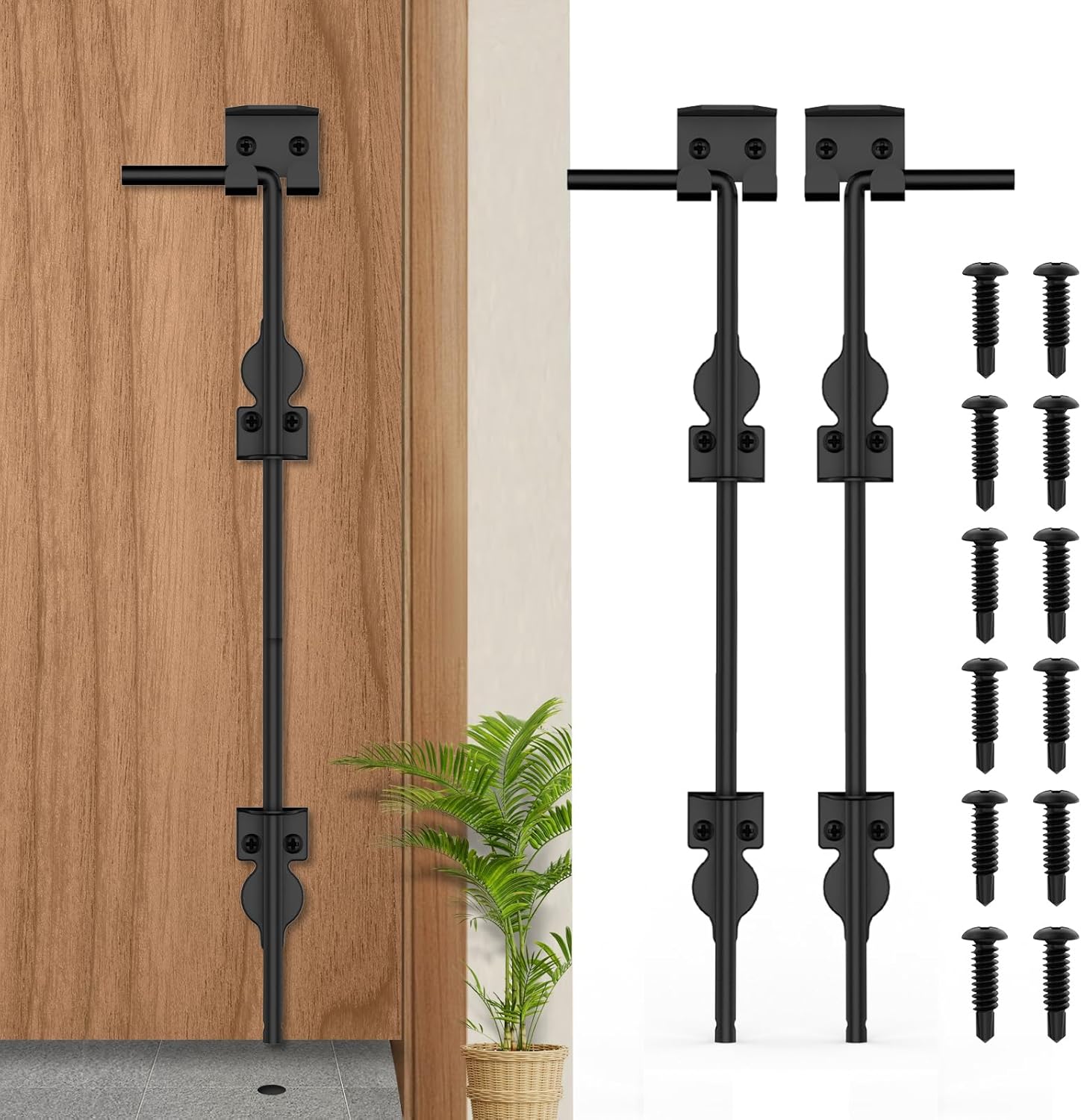 24" Cane Bolt Heavy-Duty Drop Rod for Gate, Heavy Duty Gate Latch for Wooden Fence Metal Gates, Vinyl Fence Gate Land Latch, Floor Latch for Fixing Door to The Ground, Black Coating, 2 Pack 24 Inch-2Pack