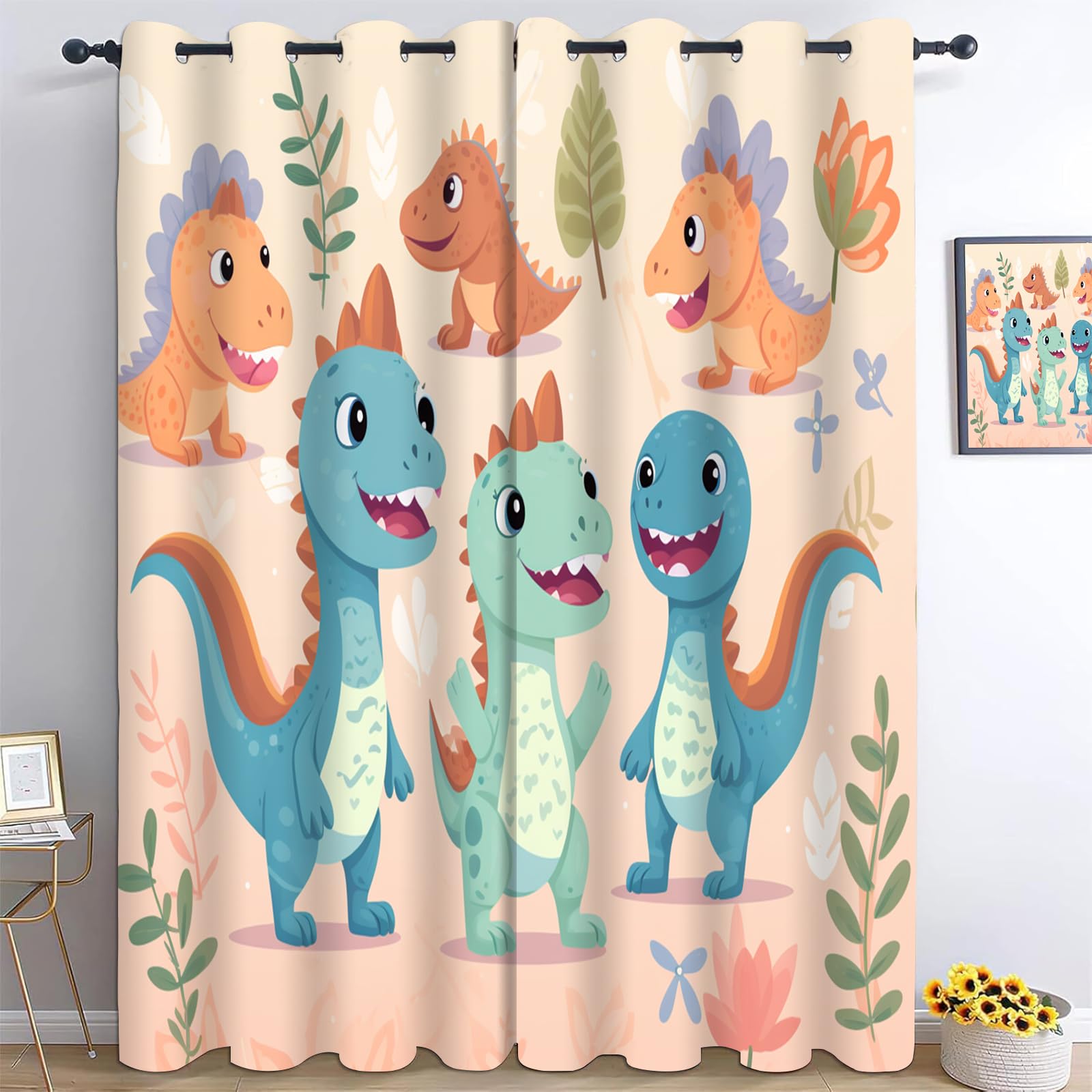 Rideau Occultant Dinosaure,Lot de 2 Rideaux Occultant Thermique Isolant à Oeillets,Garçon, Dessin Animé Decoration Chambre Salon Fenetre 140x160cm（LxH）