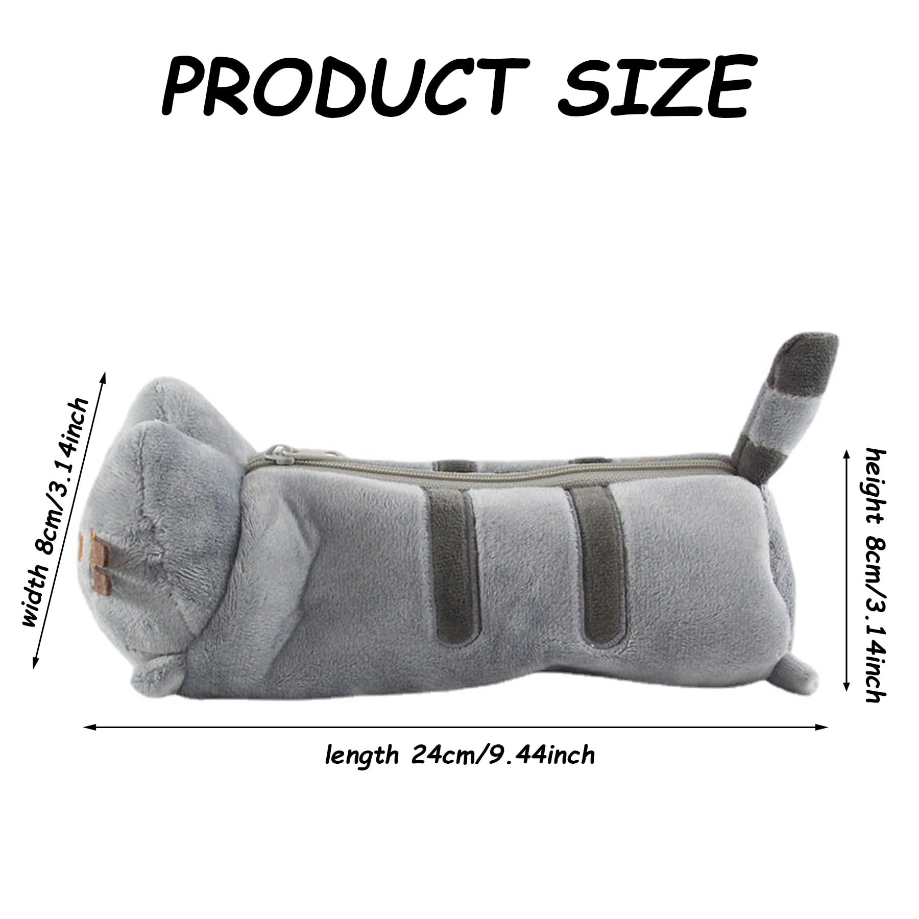 MOYAGA Cat Pencil Case - Cute Grey Animal Pencil Case, Large Plush Pen Pouch Stationery Storage, 24 x 8 x 8 cm - Image 3