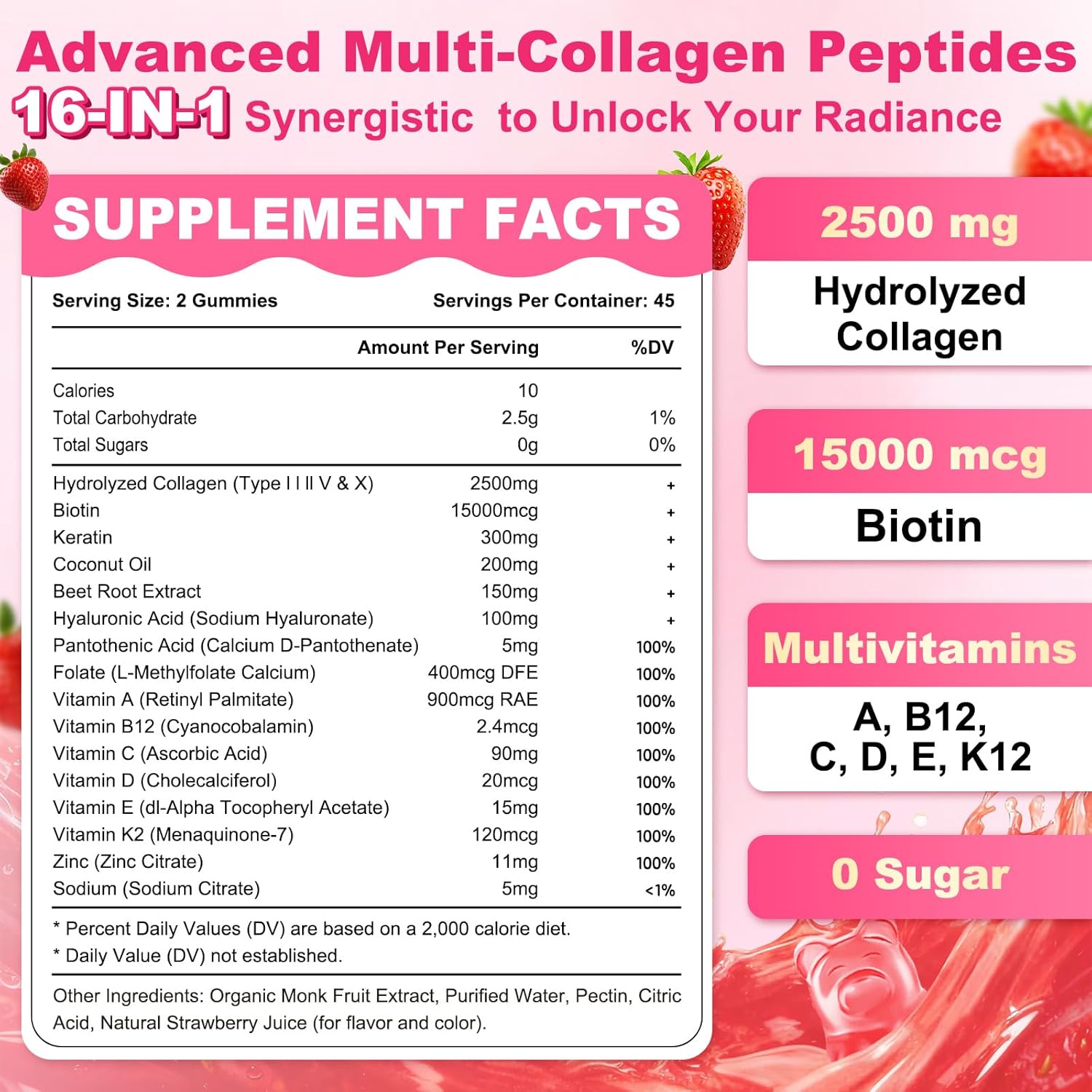 Sijigood 90 Count | Collagen Peptides Gummies for Women Men, Multi Collagen Hydrolyzed Protein 2500mg Type I,II,III,V,X, 15000mcg Biotin, Vitamin C B12 D A E for Skin Hair Nails, Bone, Sugar Free - Image 2