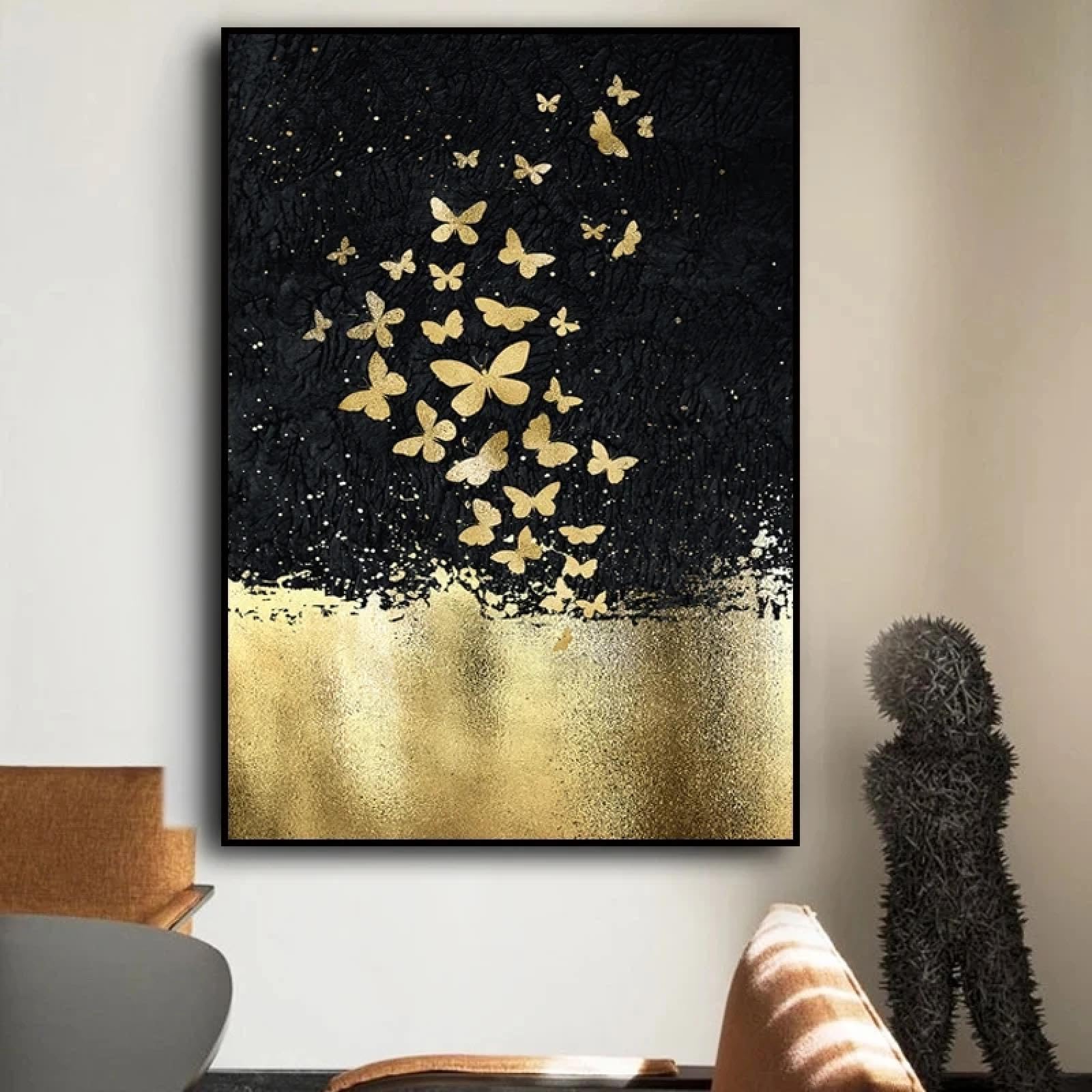 Arte abstracto mariposa dorada pintura al óleo sobre lienzo arte de pared carteles impresiones modulares para sala de estar decoración de pared del hogar 30 x 45 cm marco interno