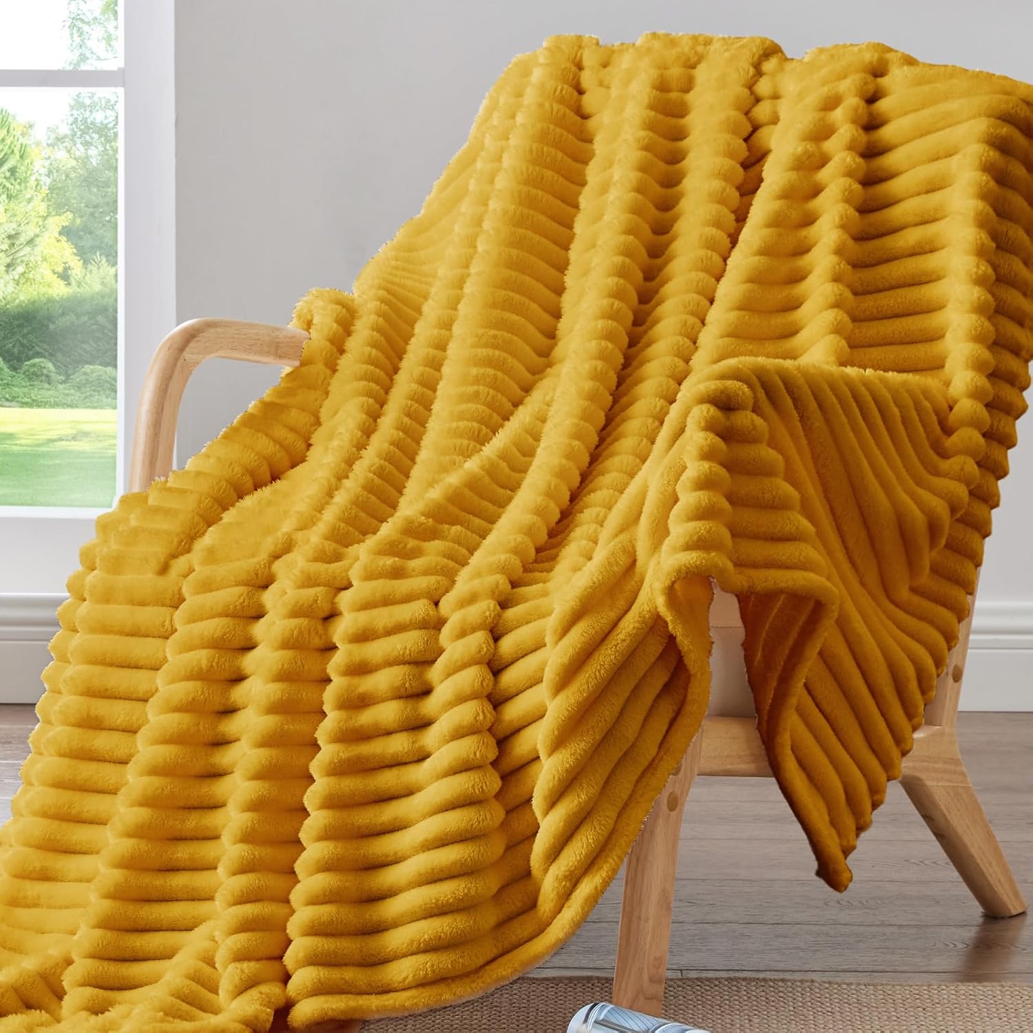 BEDELITE Fleece Throw Blanket for Couch - 300GSM Soft & Warm Fluffy Mustard Yellow Blanket, Decorative and Giftable Striped Blankets for Women, Men, 50"x60" - Image 2