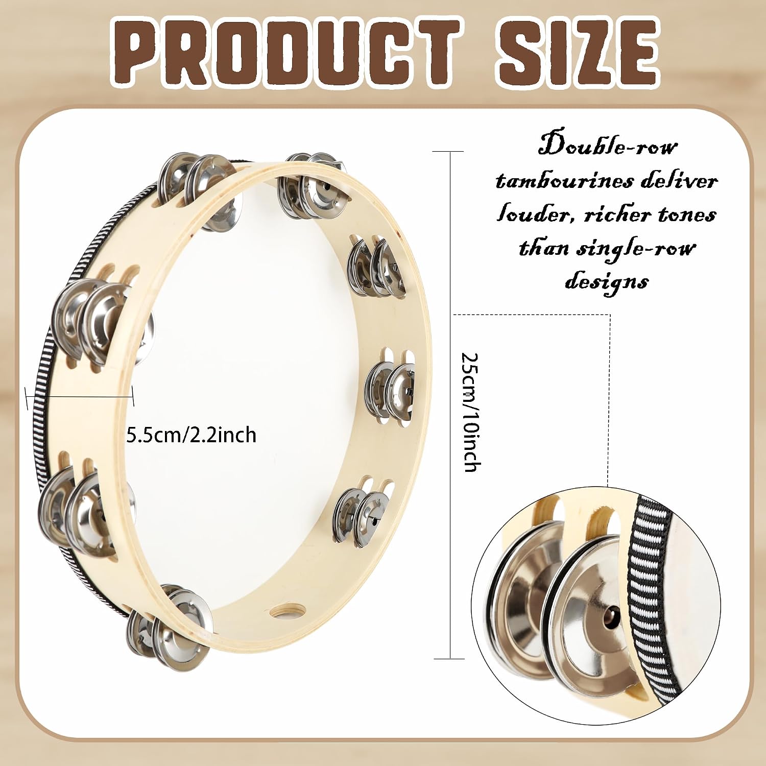 3 Pcs 10 Inch Adult Wedding Tambourines Wooden Drum Natural Handheld Drums with Double Metal Jingles Drums Musical Instruments Percussion for Church Wedding Party Favor