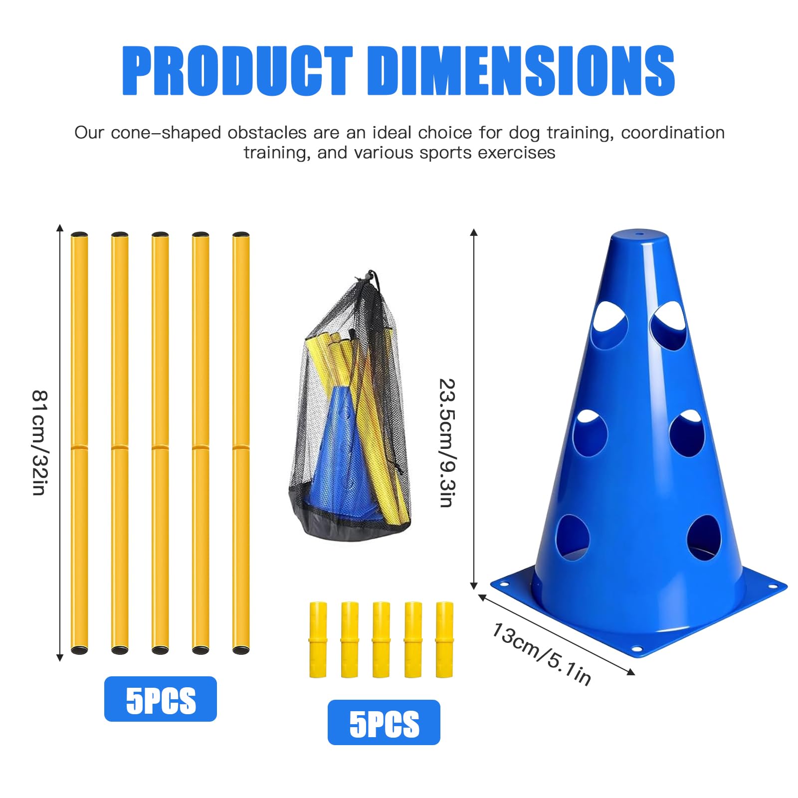 Kit Ostacoli Agility Impilabili, 10 Coni + 5 Barre (80cm) - Ostacoli Regolabili per Addestramento di Coordinazione per Bambini, Cani e Cavalli, Salti per Percorsi Cinofili ed Equitazione