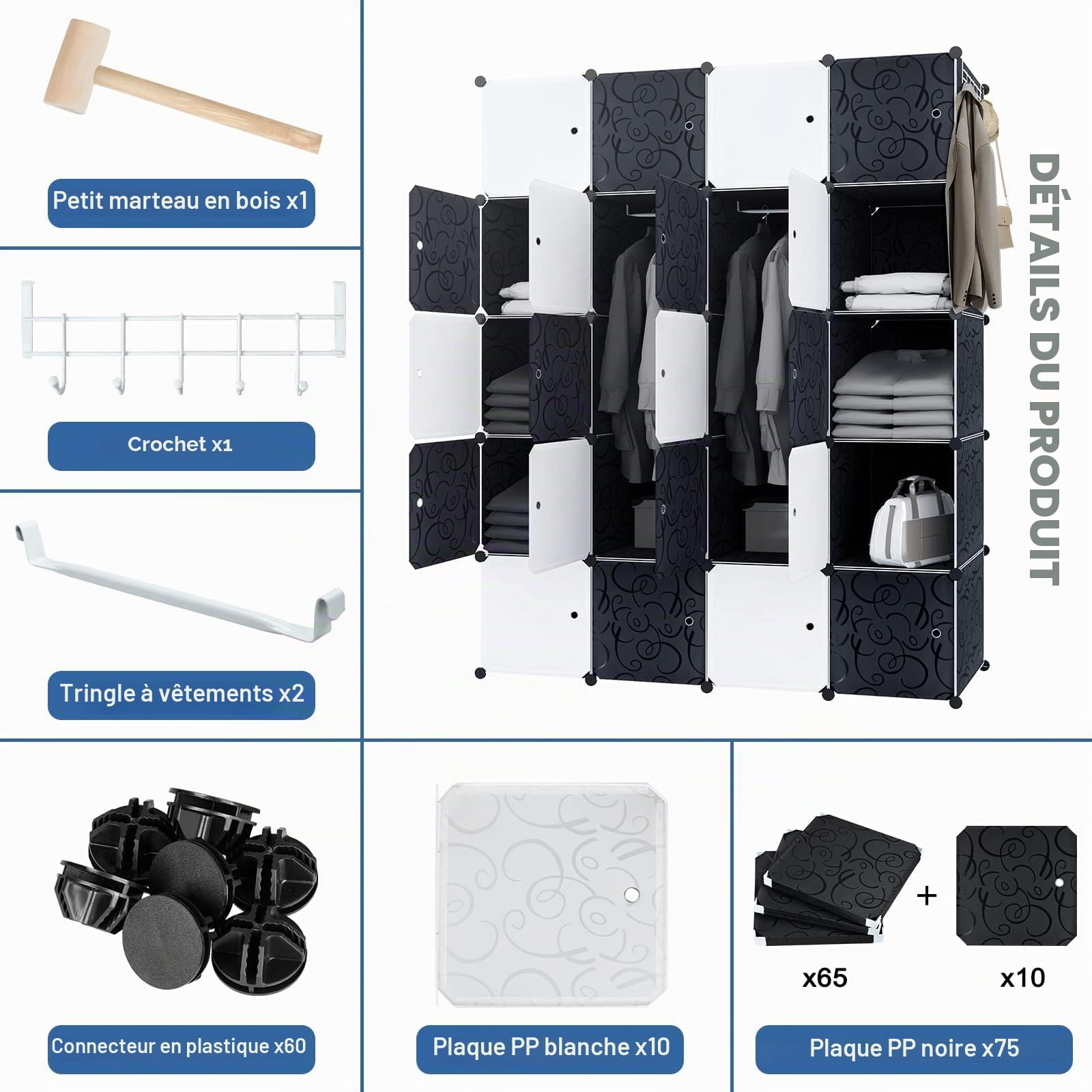 LZQ Armoire Multi-Usages - Système d'Étagères en Plastique - Avec Porte, 20 Cubes et Tringle à Vêtements - Pour Chambre à Coucher - Étagère de Rangement Étanche à la Poussière