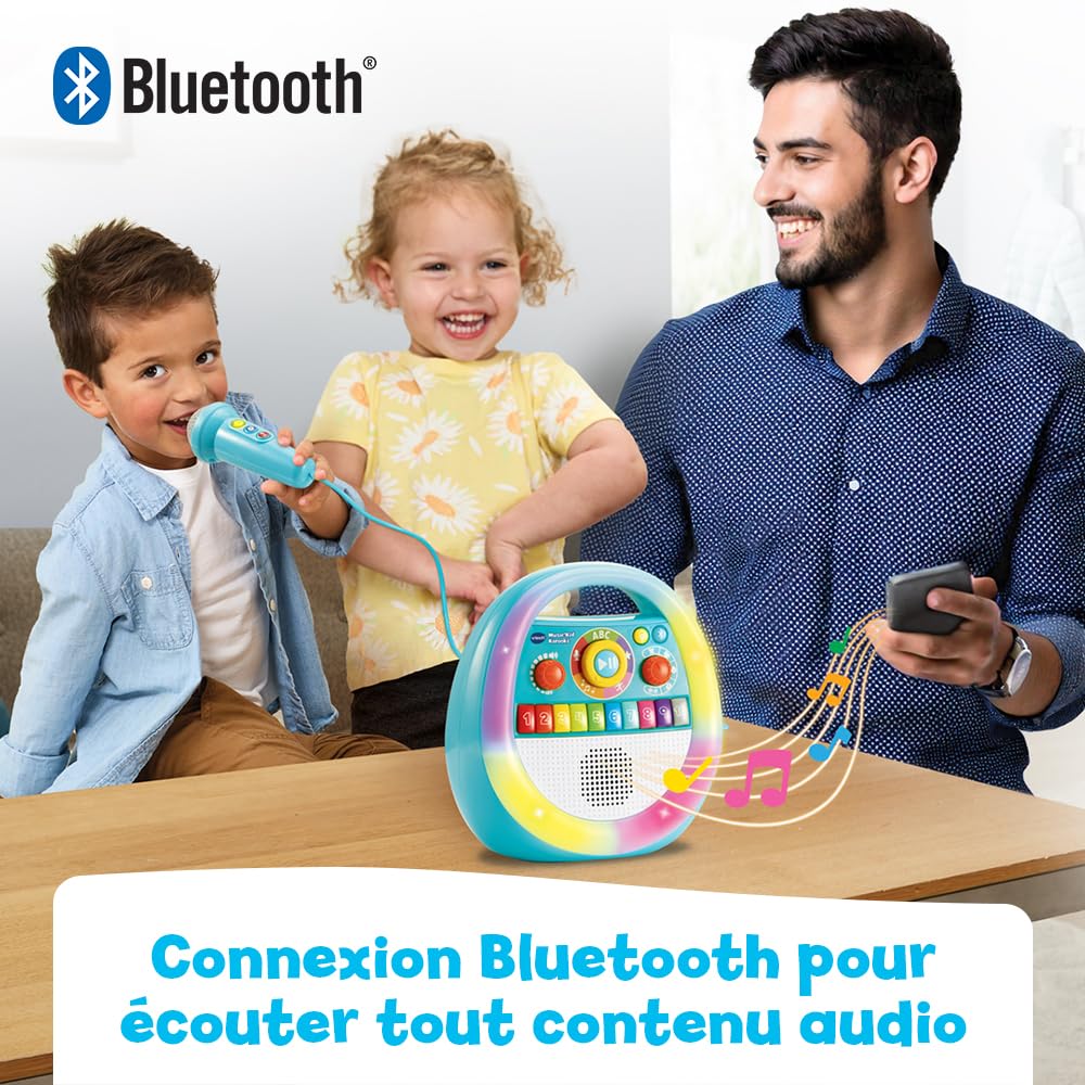 VTech Music'Kid Karaoké Baladeur Musical Enfant Dès 2 Ans | Enceinte Bluetooth Lumineuse avec Micro Karaoké, Enregistreur Vocal, Comptines, Chansons Éducatives et Relaxantes en Français