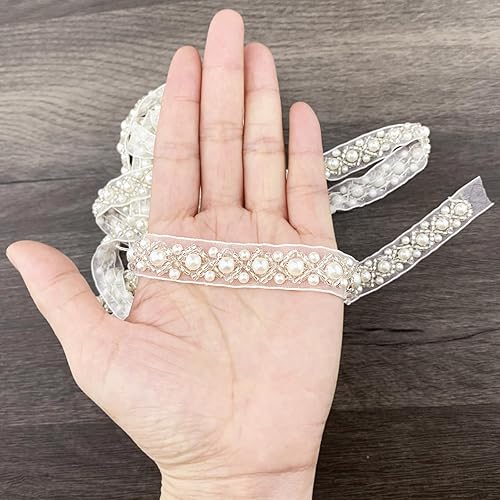 Miniatura 7 de BETITETO Cinta de encaje con cuentas de perlas de 3 yardas para coser vestidos de novia, ropa de fiesta, decoración de boda, manualidades, bricolaje
