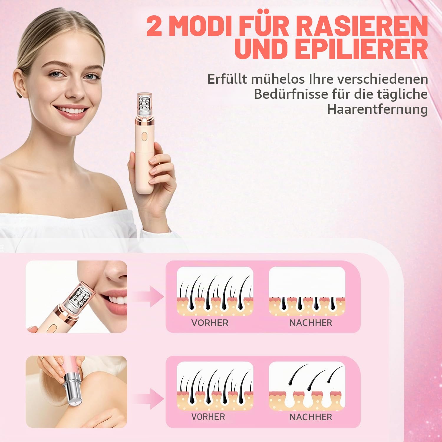 Epilierer Damen Gesicht, 2 in 1 Gesichtshaarentferner für Frauen mit LED-Licht, Kabelloser Elektrischer Gesichtsepilierer Schmerzfreie Wiederaufladbar für Augenbrauen Lippen Kinn Bikinizone