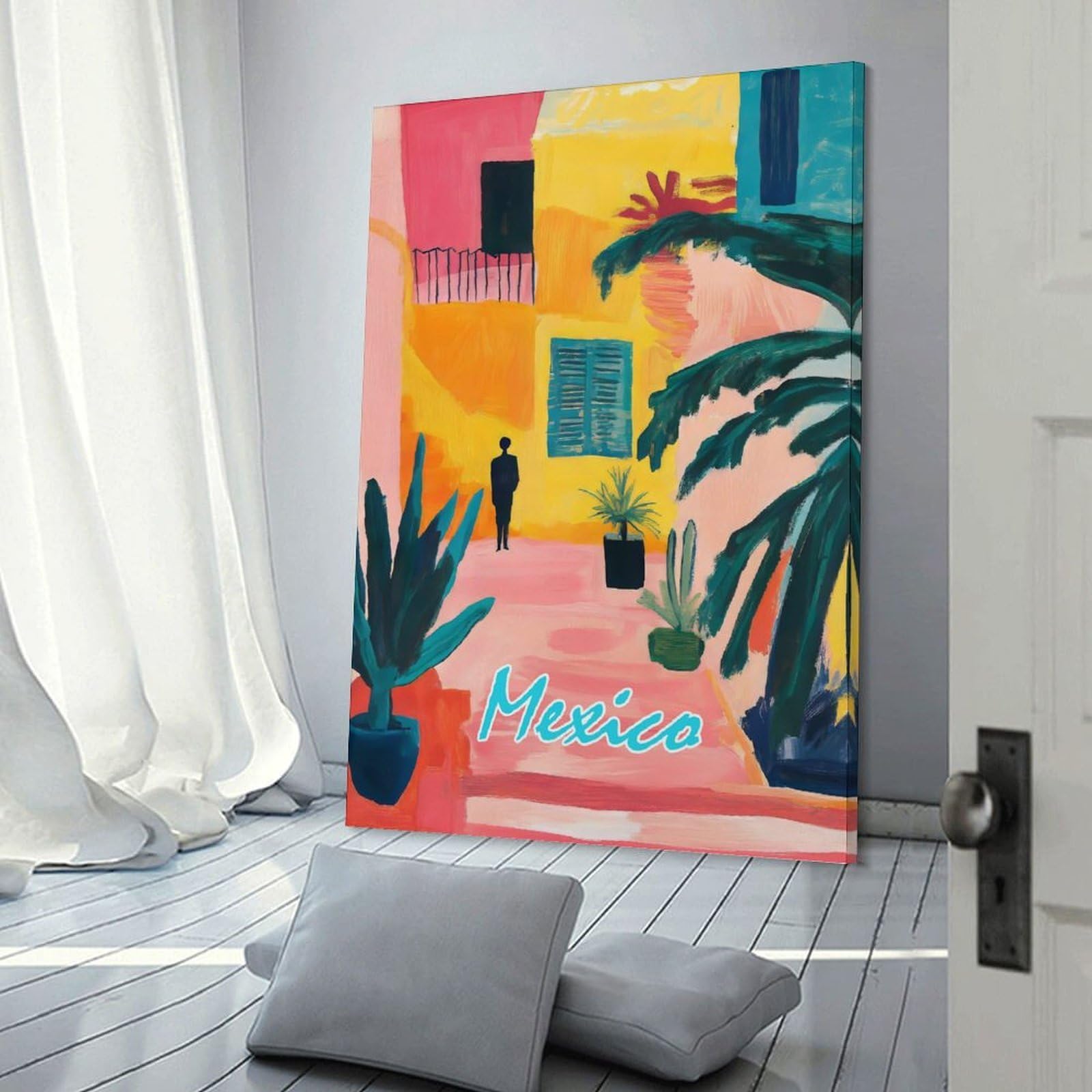 Junmoney Mexico Courtyard Painting Home Decor Wall Art 20x30inch(50x75cm), for Office, Study Or Home Workspace, Home Office Artwork with Decorative Appeal