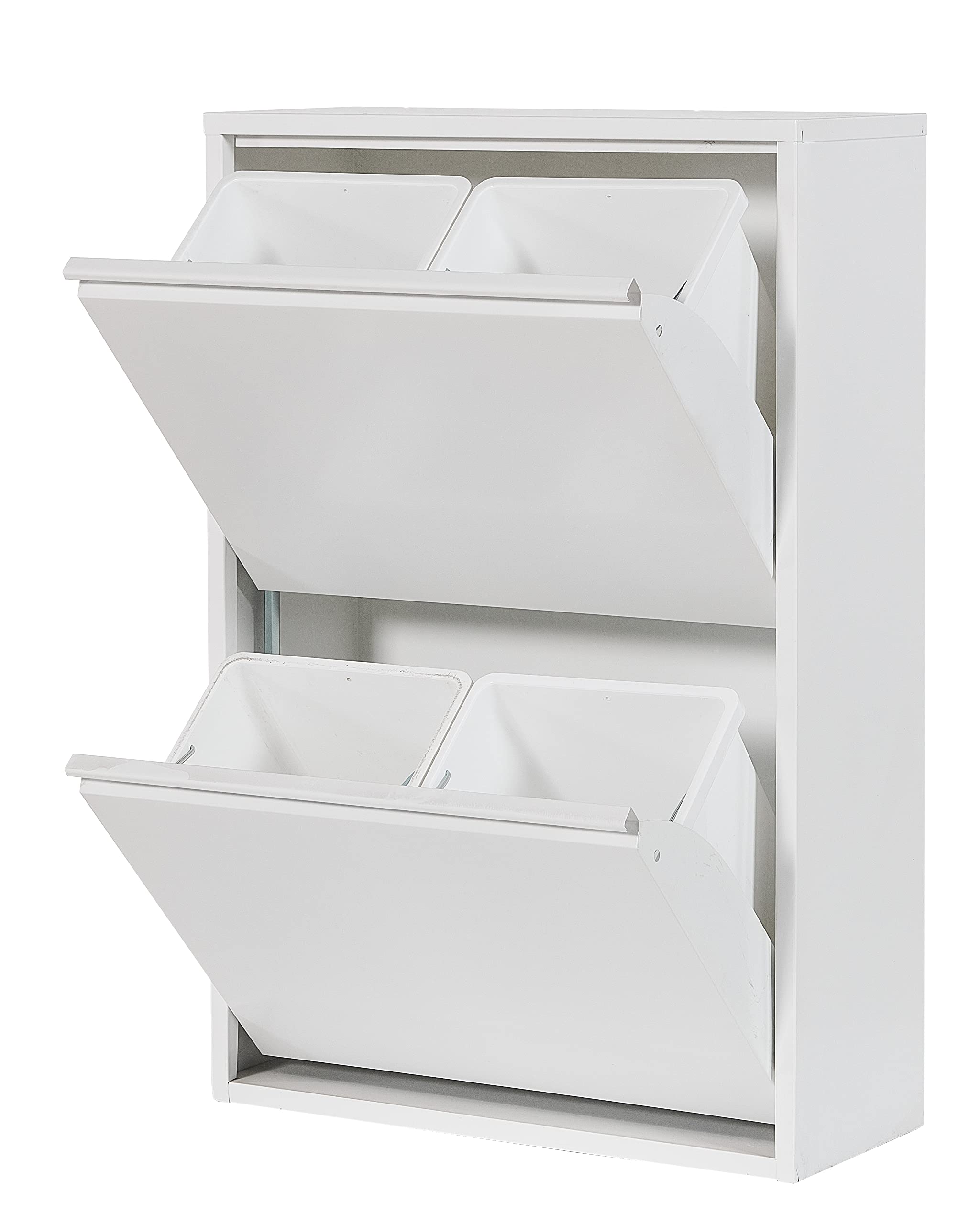Atahome Recycling Bins for Kitchen Metal Slim Trash Bin Cabinet 4 Bins Plastic Buckets with Metal Handles, 4x15 Litres Bin Divider Storage Organiser, Sturdy Rubbish Bin Didyma 2+2 Drawer (White)