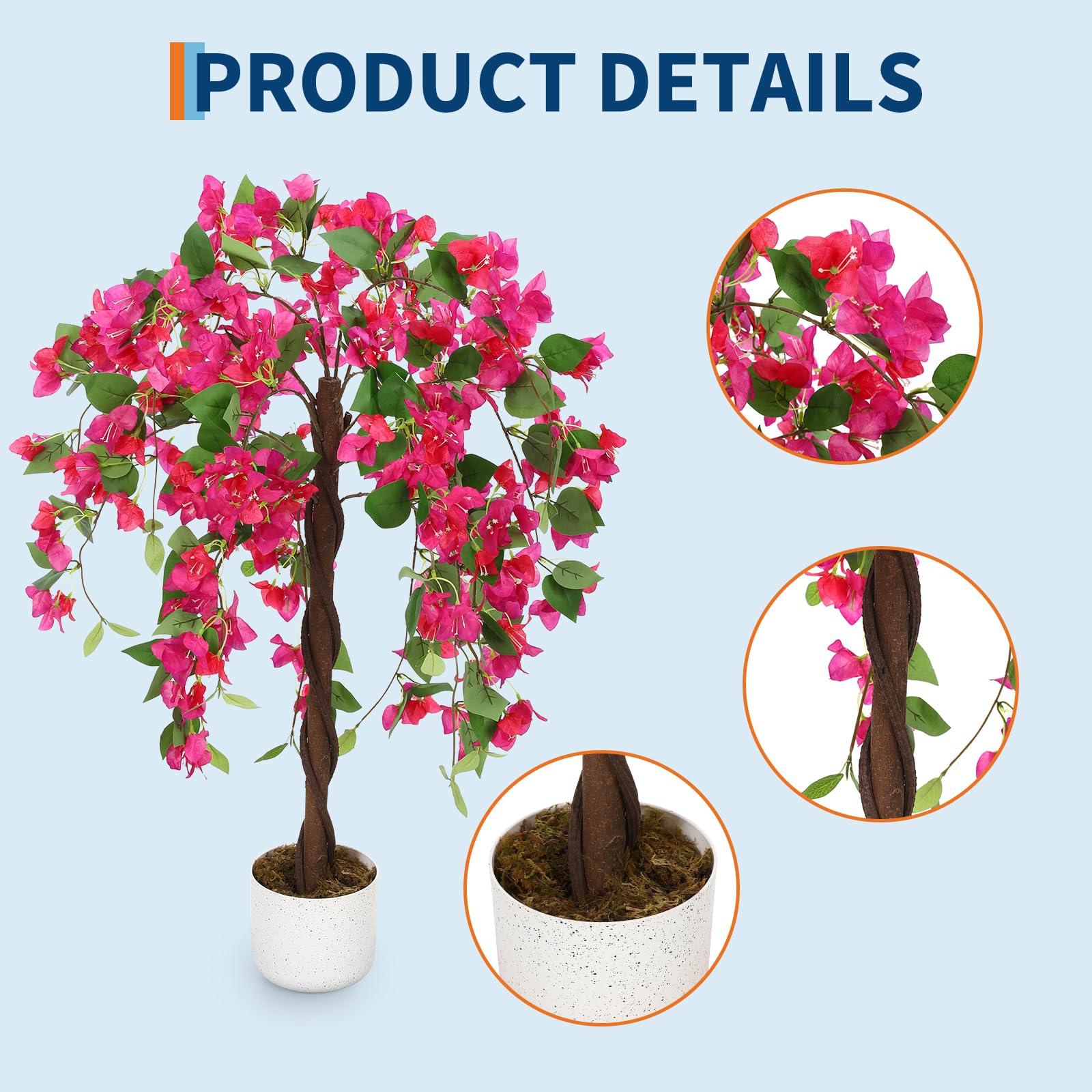 GarveeHome Bougainvillier Artificiel 90 cm/120 cm/150 cm avec Tronc Naturel - Fleurs triplées Roses, Plante Artificielle réaliste en Pot pour Jardin, Balcon et Appartement