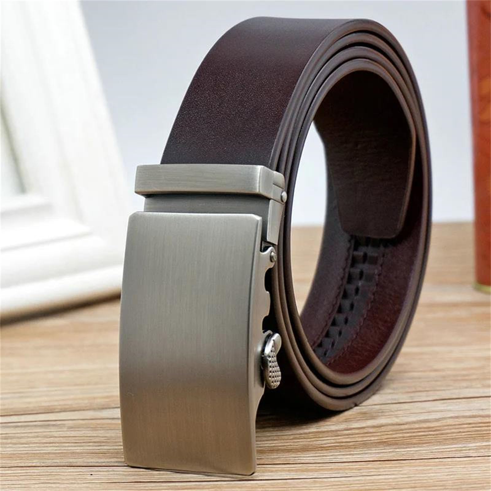 Cinturón de trinquete de cuero genuino para hombre, hebilla automática, cintura ajustable